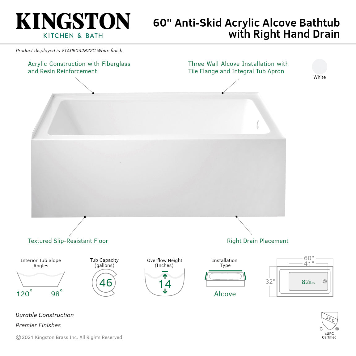 Aqua Eden VTAP6032R22C 60 Inch Acrylic Rectangular 3 Wall Alcove Bathtub with Anti-Slip Surface, Right Hand Drain, Glossy White - Perfect for Modern Bathroom Renovation and Spa-Like Relaxation at Home