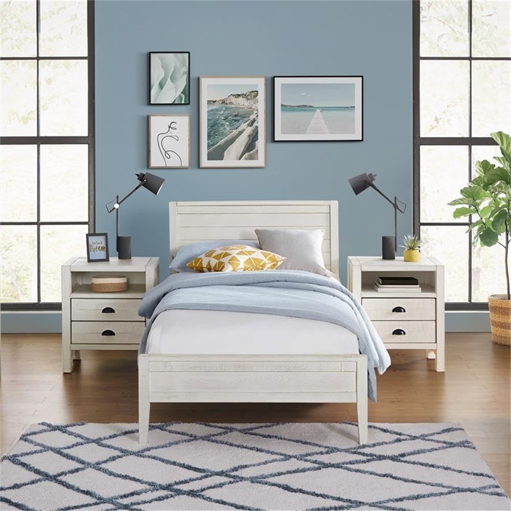 Alaterre Windsor 3-Piece Bedroom Set - Twin Panel Bed with 2 Nightstands in Driftwood White | Modern Farmhouse Furniture for Kids & Guest Rooms