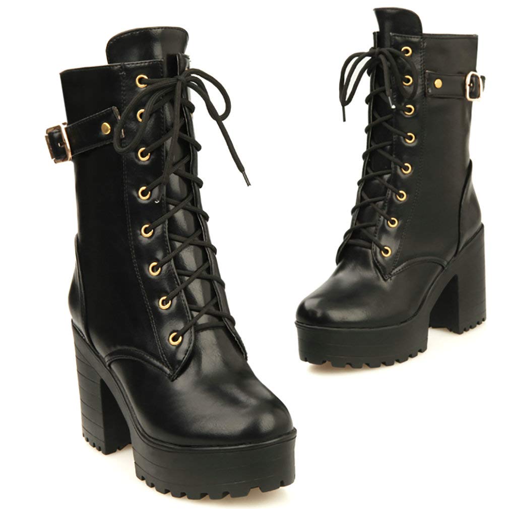 Parisuit Women's Chunky Heel Combat Boots - Lace Up Ankle Boots with Buckle Detail, Platform Goth Motorcycle Shoes for Women | Perfect for Punk Fashion, Night Out & Street Style