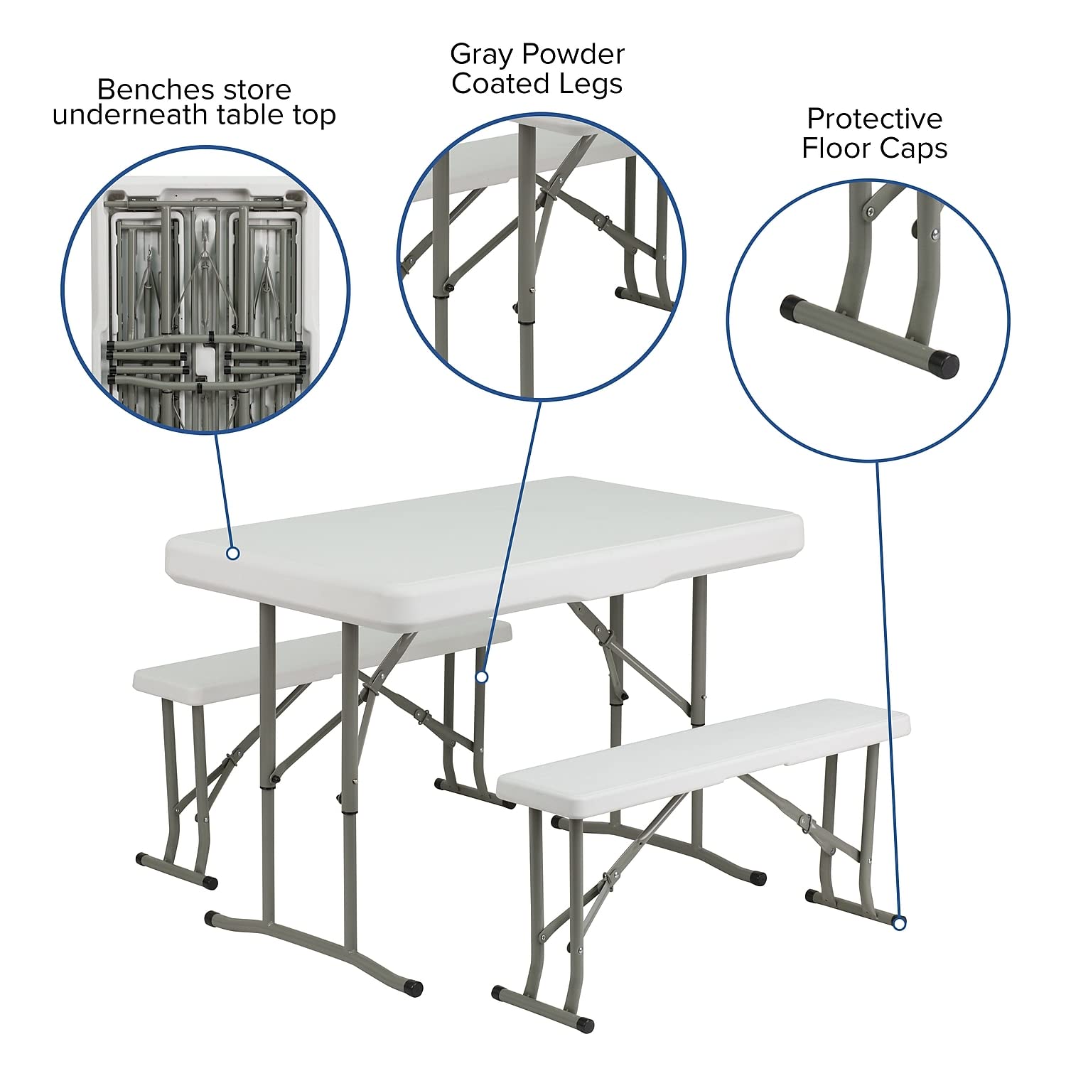Flash Furniture Rowan 3-Piece Portable Plastic Folding Bench and Table Set - Granite White | Indoor/Outdoor Patio, Picnic, Camping & Backyard Furniture Set