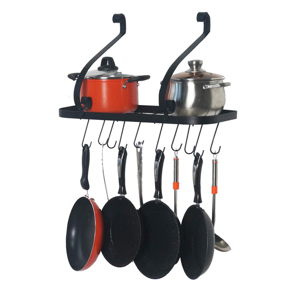 YINSY 23 Inch Wall Mounted Pot and Pan Rack with 10 Hooks - Heavy Duty Kitchen Storage Organizer for Pots, Pans & Utensils - Space Saving Solution for Small Kitchens, Restaurants & RVs (Black)