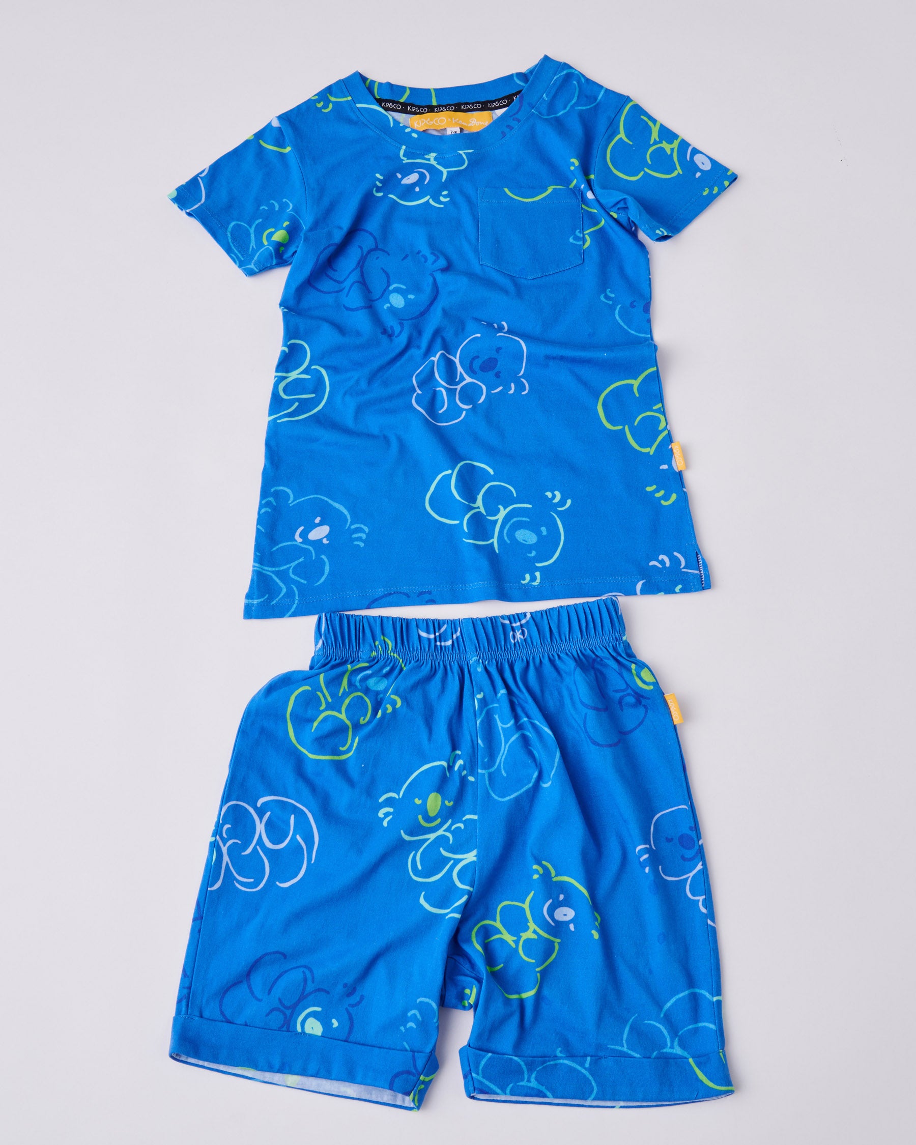 Kip&Co x Ken Done Koala Cuddles Blue Organic Cotton Short Sleeve Tee & Short Pajama Set - Soft & Comfortable Sleepwear for Women, Perfect for Lounging, Travel & Cozy Nights