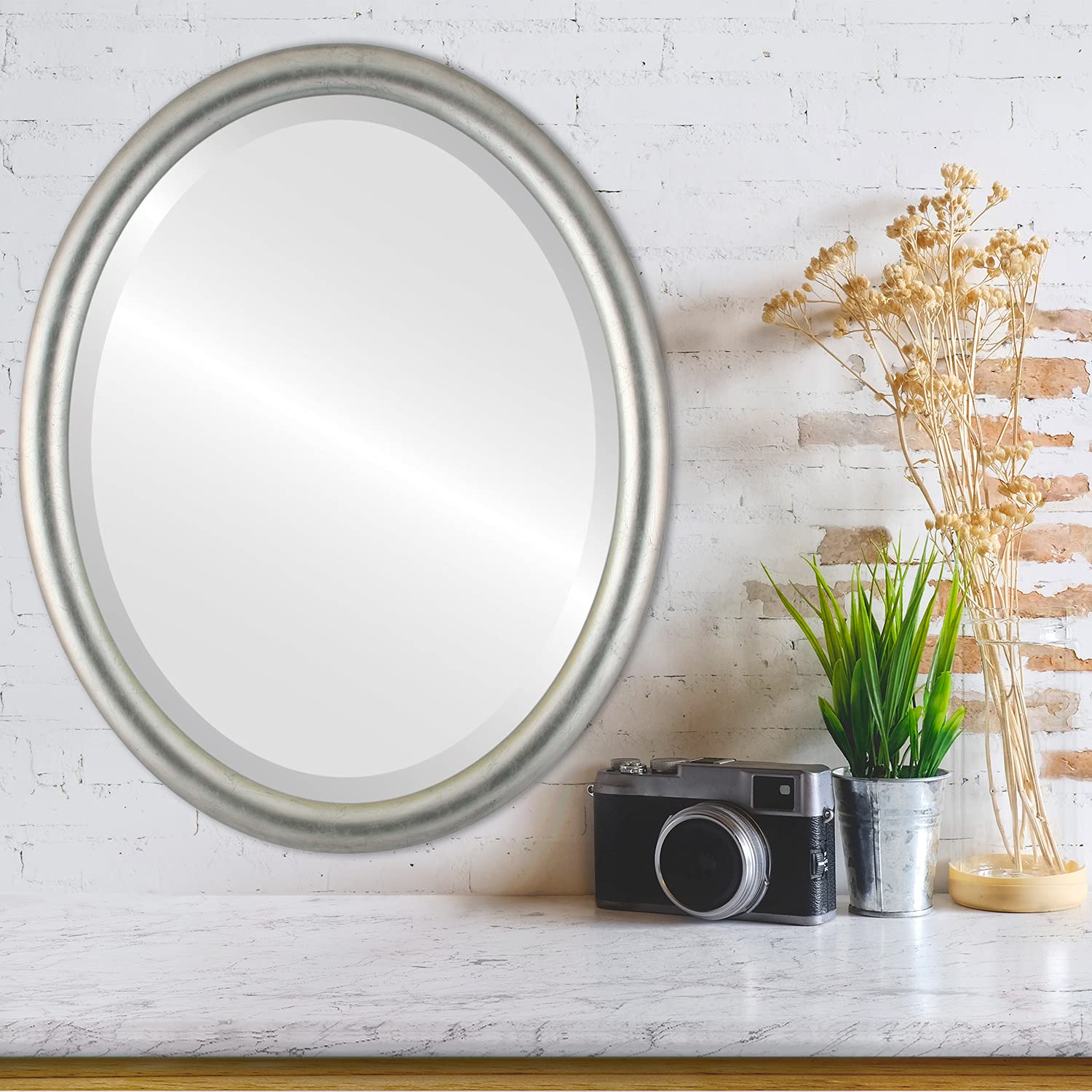 Oval Wooden Beveled Wall Mirror - Silver Leaf with Black Antique Finish - 14x18 Inches - Perfect for Bathroom Vanity, Bedroom, Living Room & Hallway Decor - Home & Office Wall Mirror