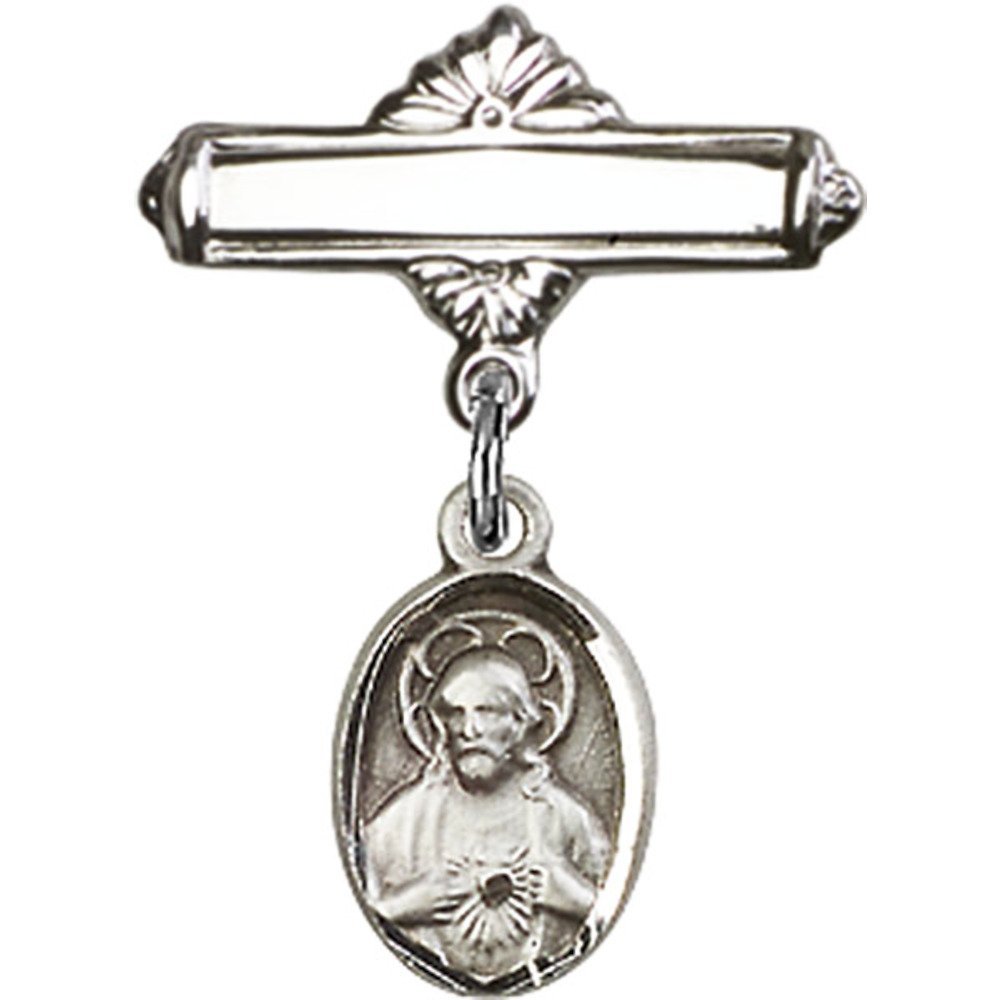 7/8 X 5/8 Inch Sterling Silver Baby Badge with Scapular Charm & Polished Pin - Perfect for Christening Gifts, Baptism Jewelry & First Communion Keepsakes