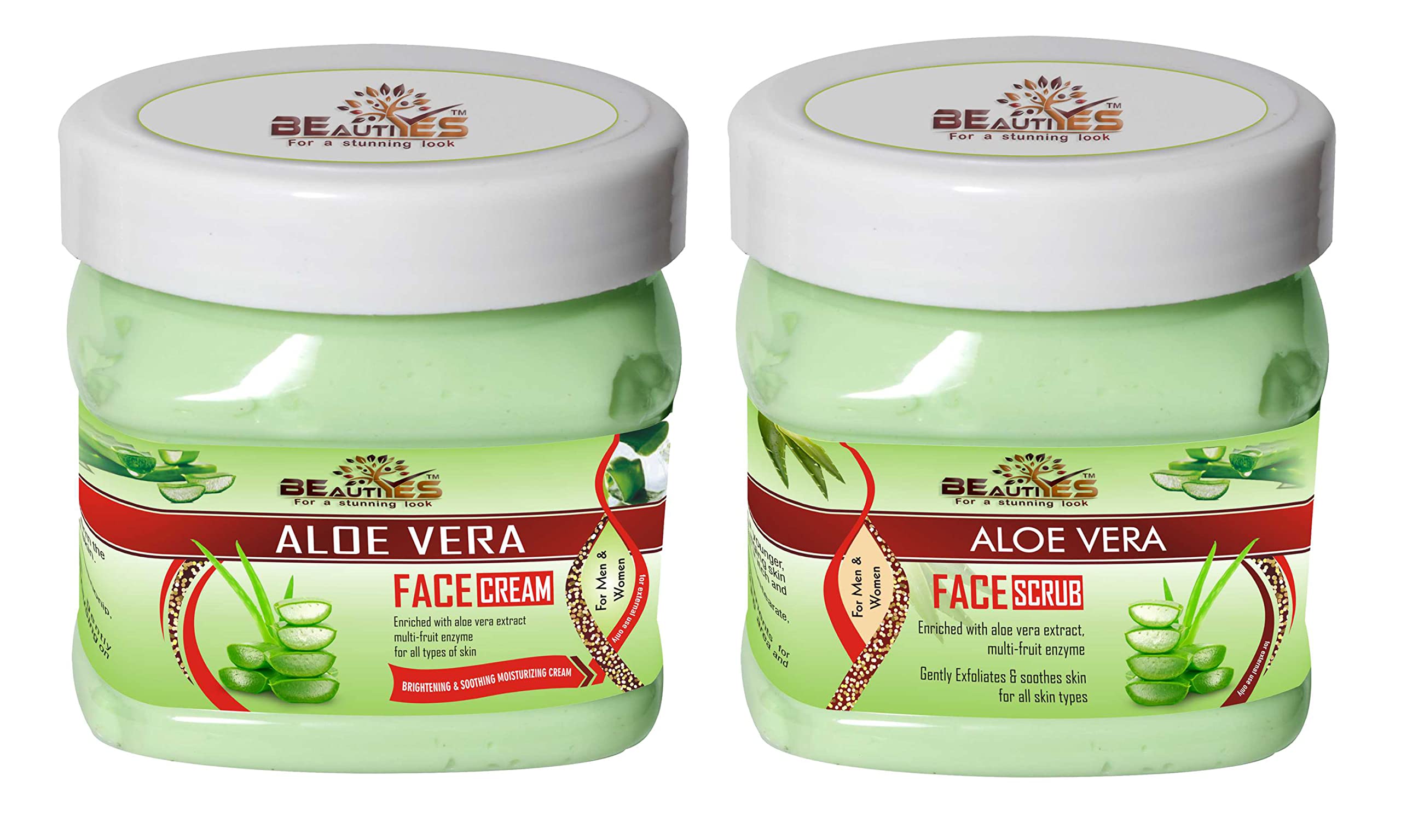 BeautiYes Aloe Vera Face Cream & Scrub Set (450gm Each) - Gentle Exfoliation & Soothing Moisturizer for All Skin Types with Aloe Vera Extract & Fruit Enzymes | Daily Skincare Routine for Hydrated, Glowing Skin