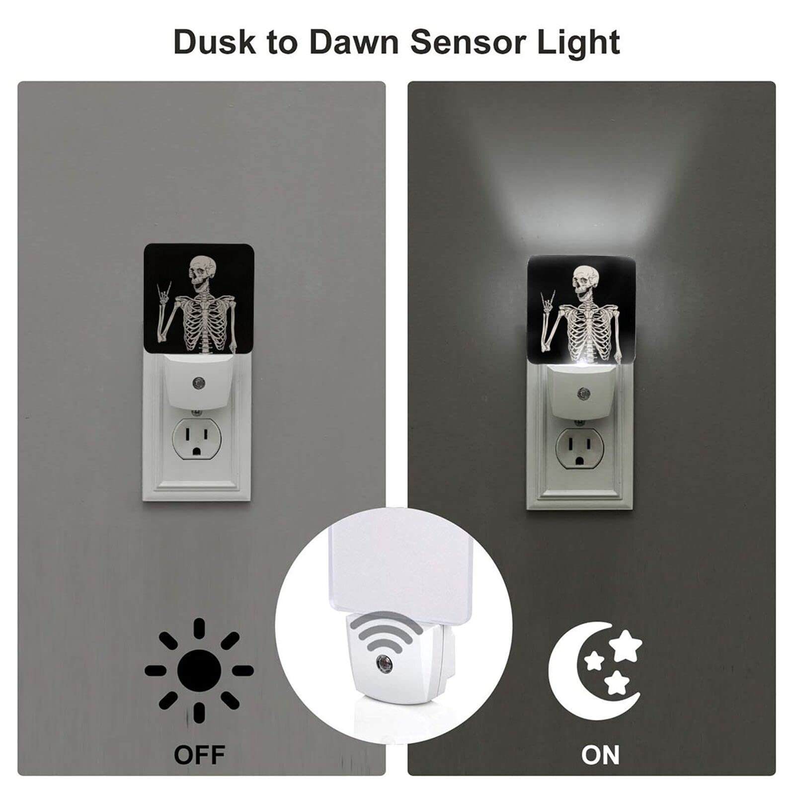 Boho Skeleton Skull Night Light Set of 2 - Auto Sensor LED Plug-in Lamp with Dusk-to-Dawn Feature for Bedroom, Bathroom, Kitchen, Hallway & Stairs - Perfect for Halloween Decor, Gothic Home Decor and Spooky Room Ambiance