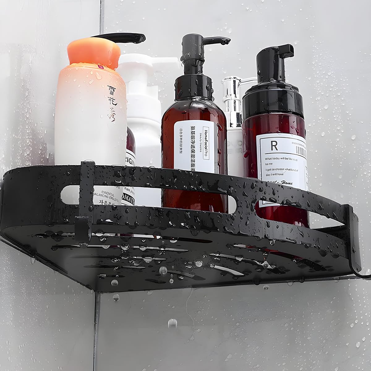 SHATROSSO® 2-Pack Black Aluminum Corner Shelf for Bathroom - No Drill Self-Adhesive Wall Mounted Bathroom Organizer - Perfect for Shower, Toilet, and Vanity Storage