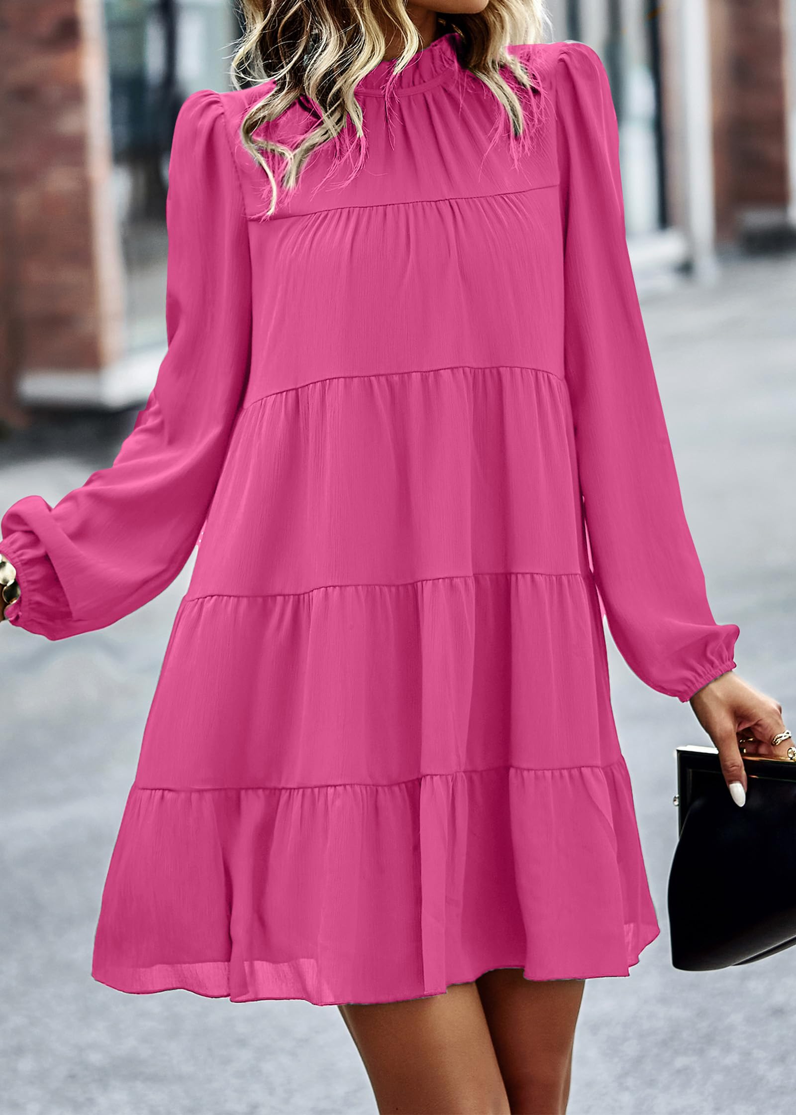 KIRUNDO Women's Spring 2025 Long Sleeve Ruffle Mock Neck Tiered Mini Dress - Flowy Babydoll Swing Tunic Shift Dress for Casual Wear, Date Night & Spring Outings