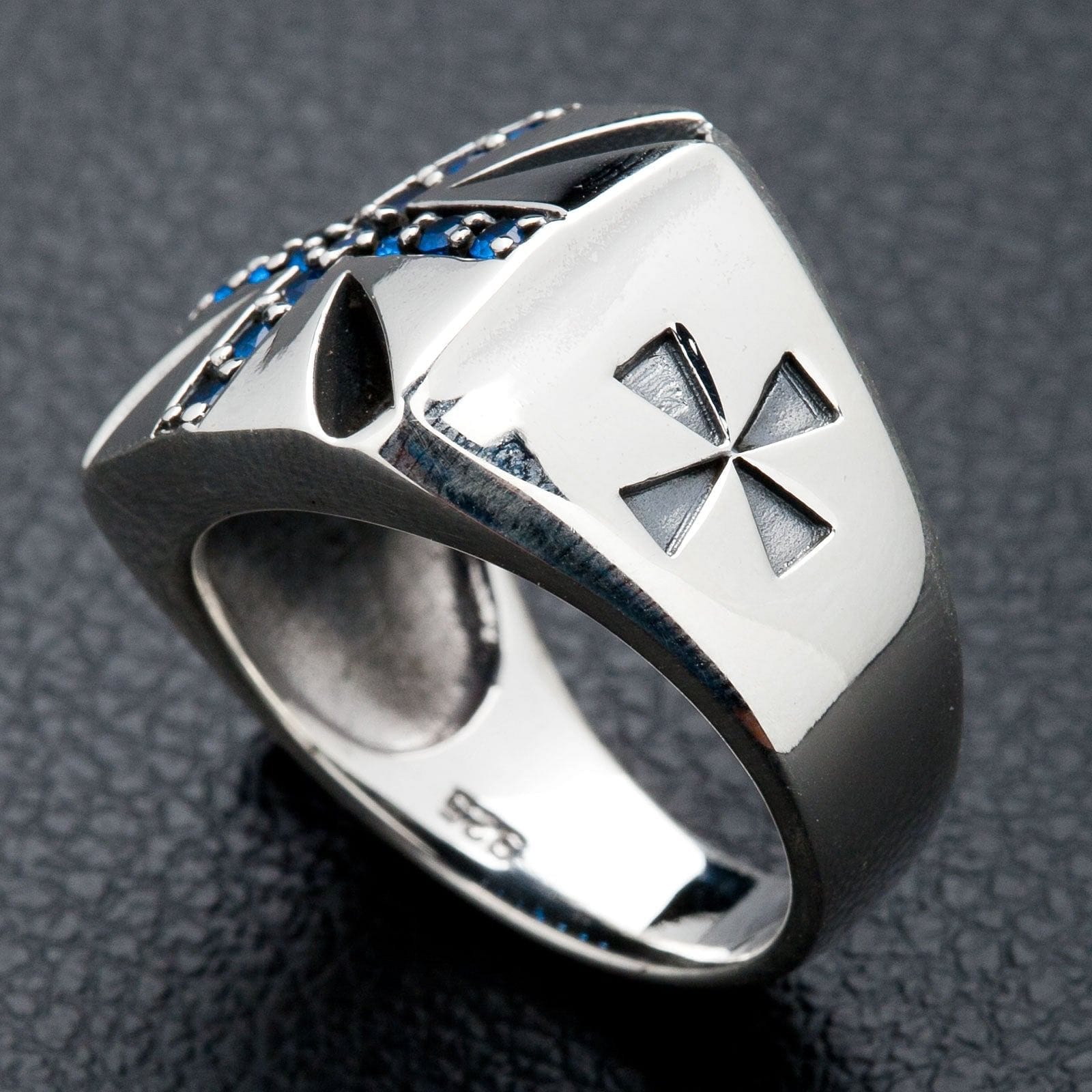 Blue Sapphire Cross Sterling Silver Biker Ring for Men - Gothic Punk Jewelry for Motorcycle Riders, Bikers & Rock Music Fans - Perfect for Everyday Wear, Parties & Gifts