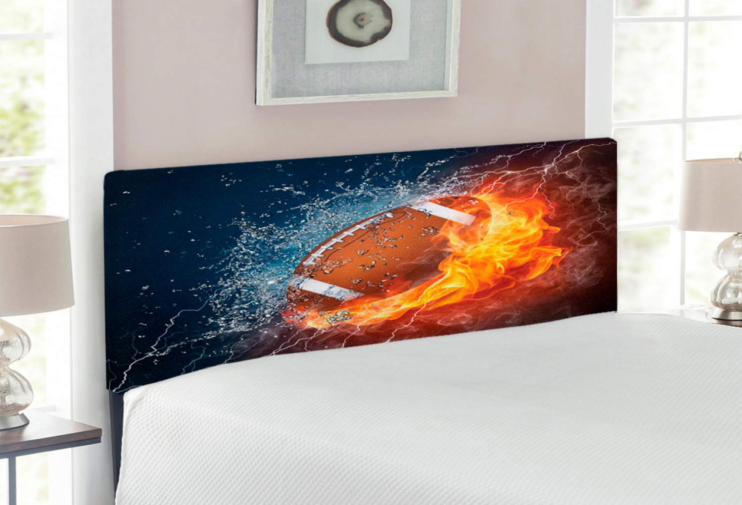 Lunarable Full Size Upholstered Sports Headboard - Football Themed Abstract Art with Fire & Water Flame Design, Navy & Orange Memory Foam Bed Headboard for Modern Bedroom Decor | Perfect for Sports Fans, Teen Rooms & Game Themed Bedrooms