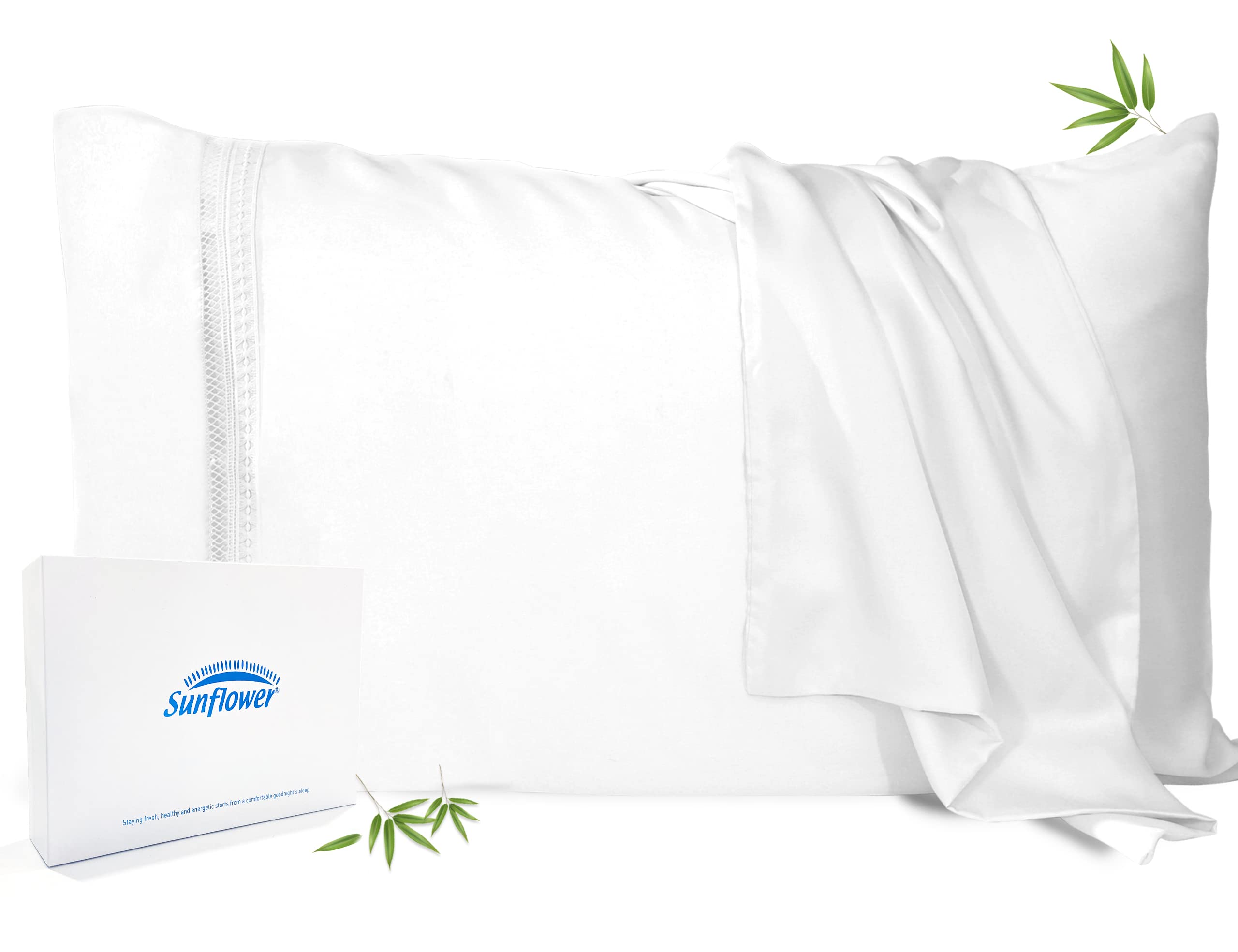 Bamboo Pillowcases Set of 2 - Cooling Standard Size Pillow Covers with Envelope Closure & Lace Trim - Breathable & Hypoallergenic for Hot Sleepers - Perfect Gift for Women (White) - Ideal for Summer Nights, Hot Flashes & Sensitive Skin