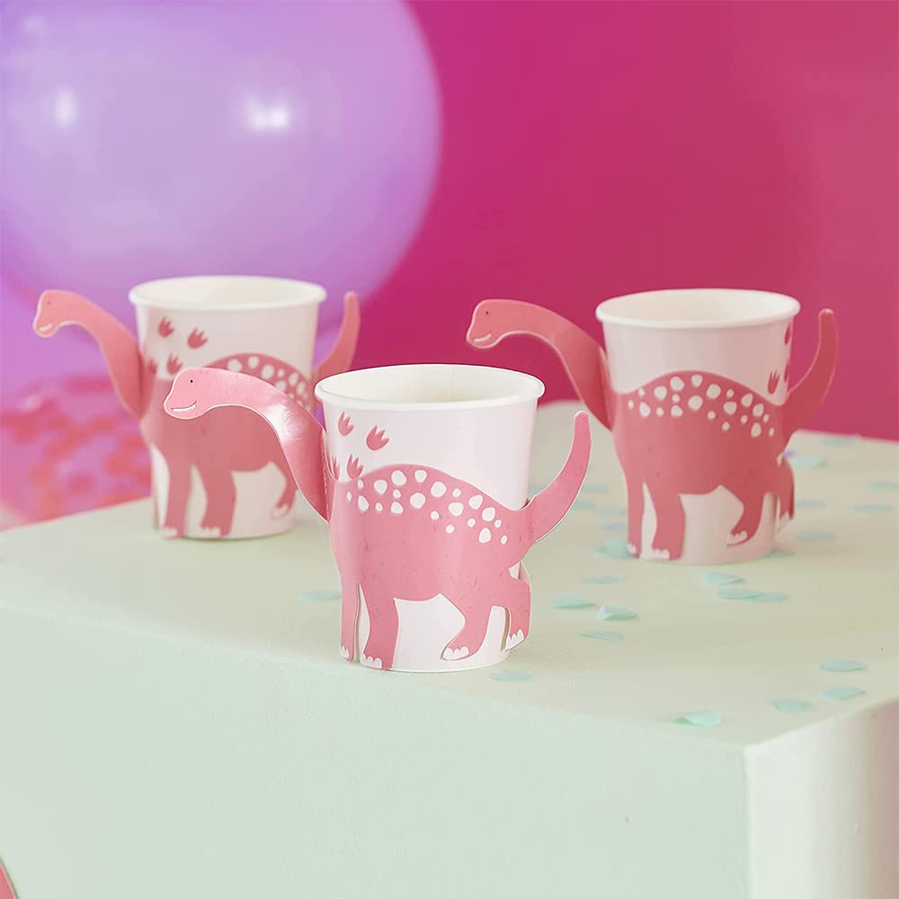 Ginger Ray 8 Pack Dinosaur Pink Paper Party Cups for Kids - Disposable Cups for Birthday Parties, Baby Showers & Themed Events
