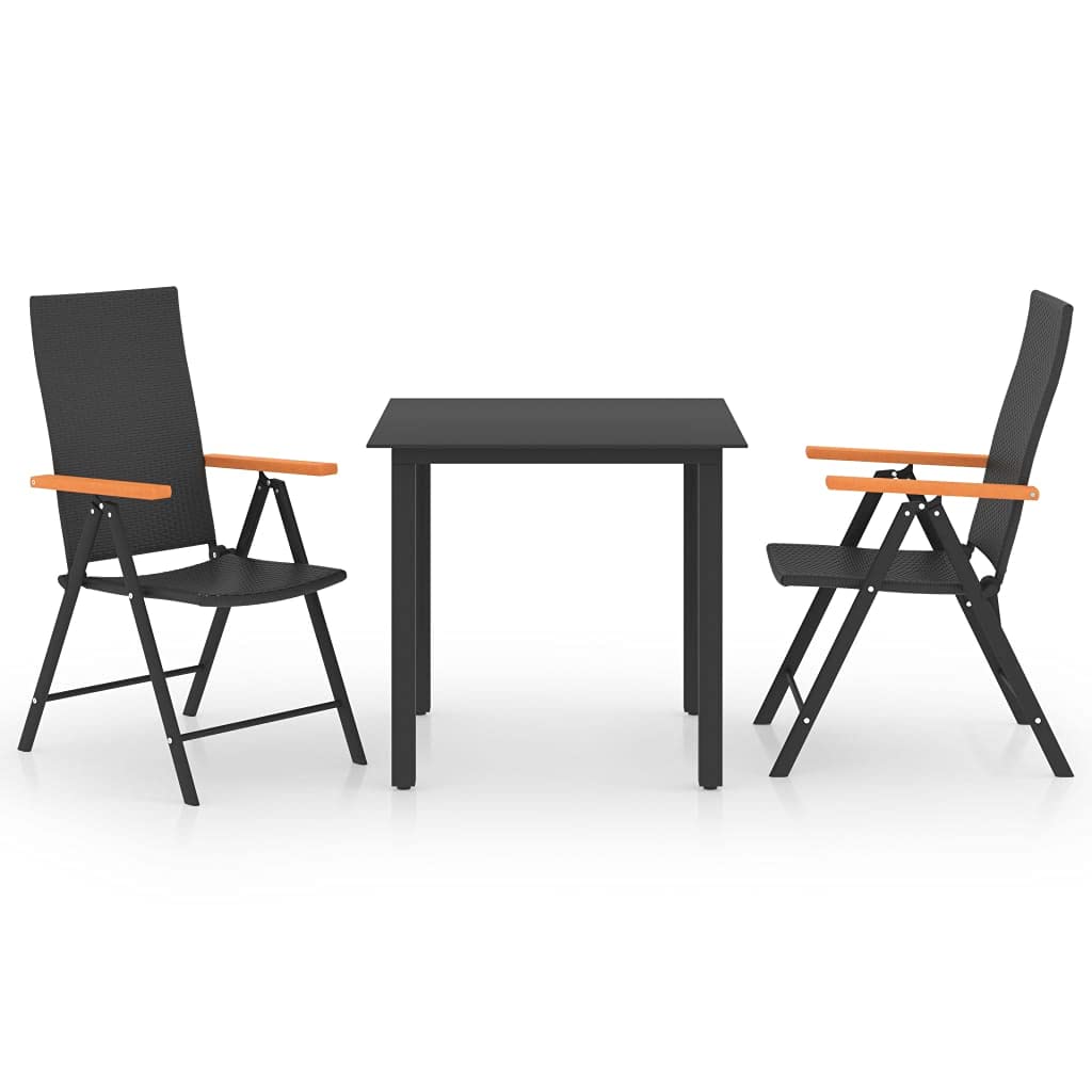 3-Piece Outdoor Patio Furniture Set - Aluminum Frame Glass Table & 2 Adjustable Rattan Chairs with WPC Armrests - Black Bistro Set for Garden, Balcony, Poolside Dining and Relaxation