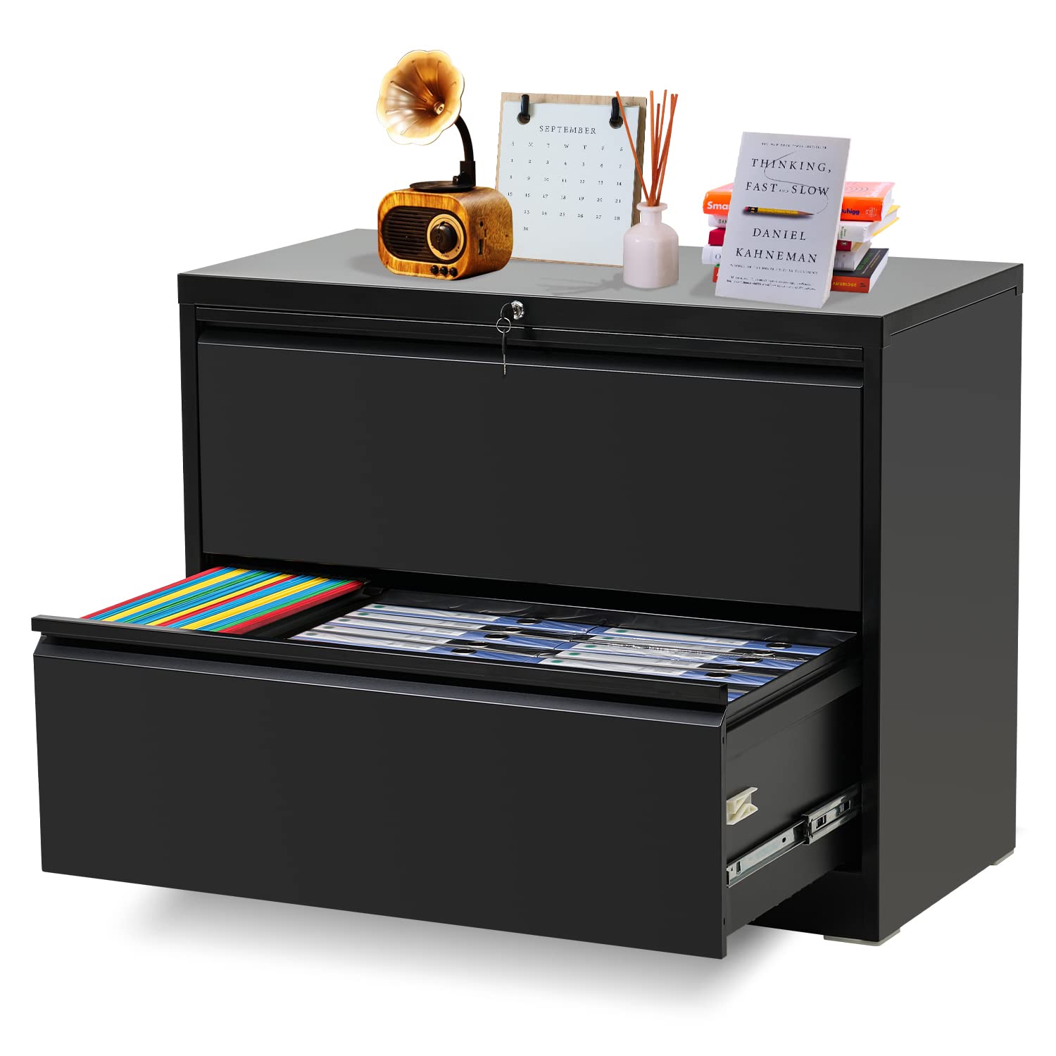 INTERGREAT 2-Drawer Black Lateral File Cabinet with Lock - Heavy Duty Metal Steel Filing Cabinet for Home Office Organization | Perfect for Document Storage & Workspace Organization