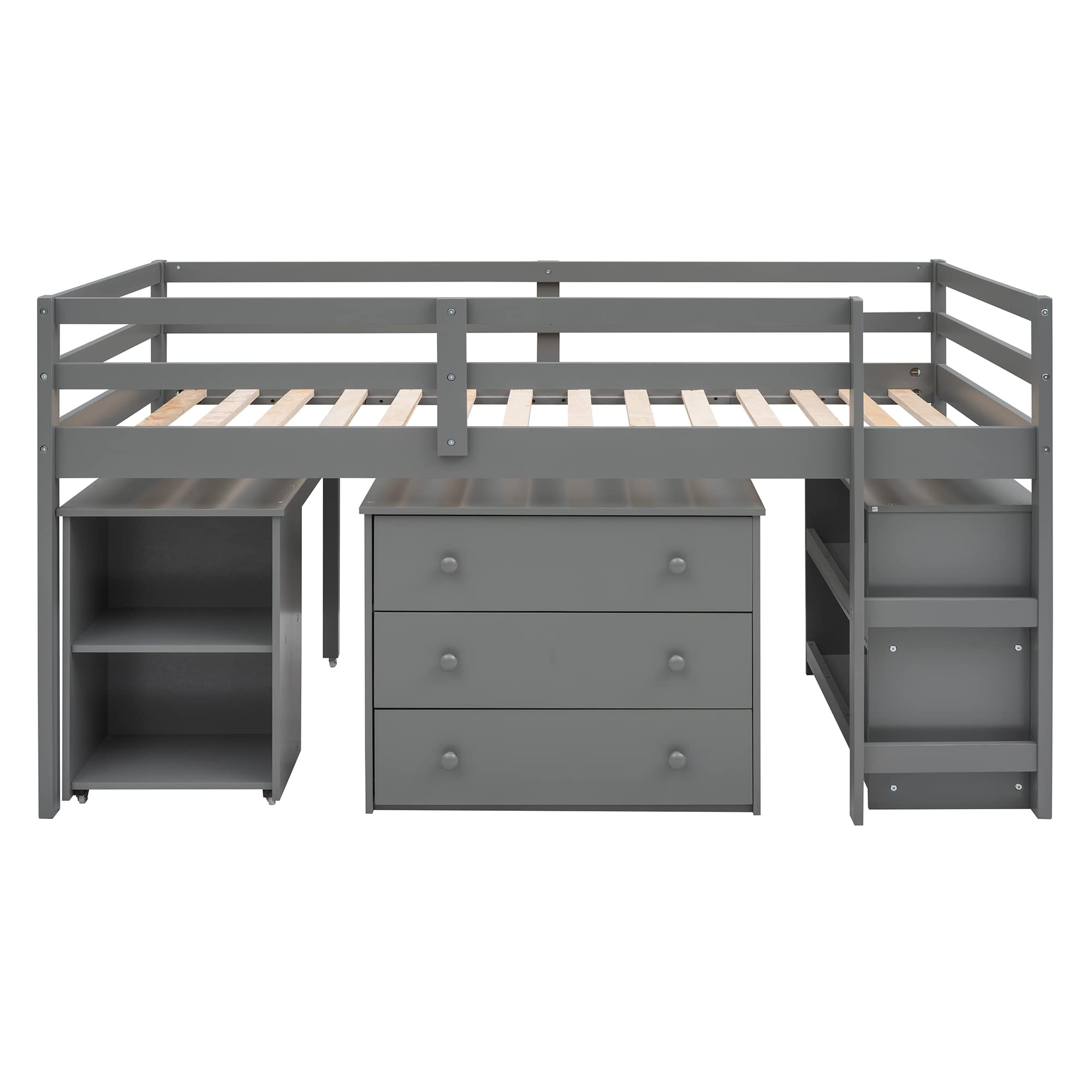 Twin Size Loft Bed with Desk and Cabinet - Low Study Loft Bed Frame for Kids & Teens, Gray - Perfect for Small Rooms, Dormitories & Space-Saving Kids Bedrooms