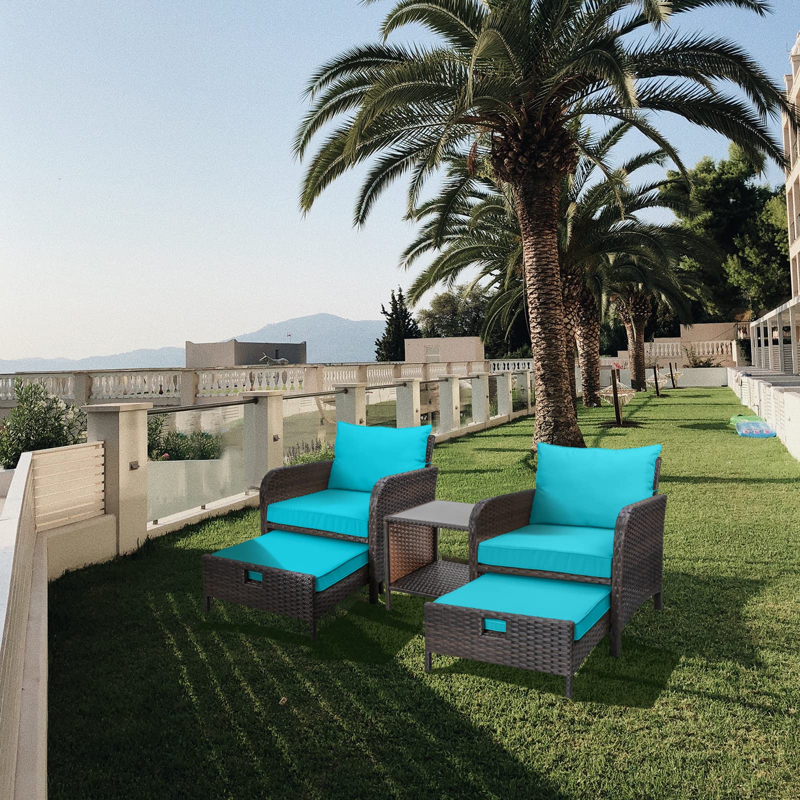 5-Piece LEVELEVE Outdoor Patio Furniture Set - PE Wicker Rattan Conversation Set with Cushioned Lounge Chairs, Ottoman & Glass Table - Perfect for Balcony, Porch, Garden or Backyard Relaxation (Brown Wicker)