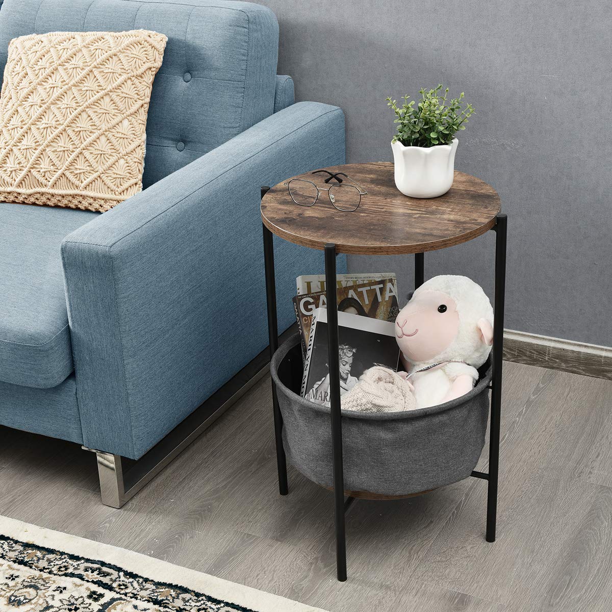 Giantex 2-Pack Round Side Table with Fabric Basket, Metal Frame & Wood Top - Multi-Functional Small Sofa Table for Living Room, Dorm, Bedroom - Grey | Perfect for Holding Books, Drinks, and Decor in Compact Spaces
