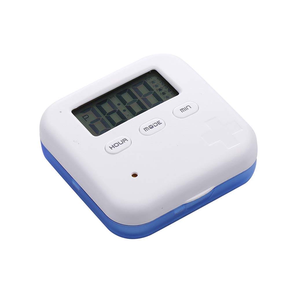 4-Compartment Travel Pill Organizer Box with 5 Alarm Timer - Digital Countdown Display & Daily Medication Reminder (Blue) | Perfect for Travel, Work, and Home Medication Management