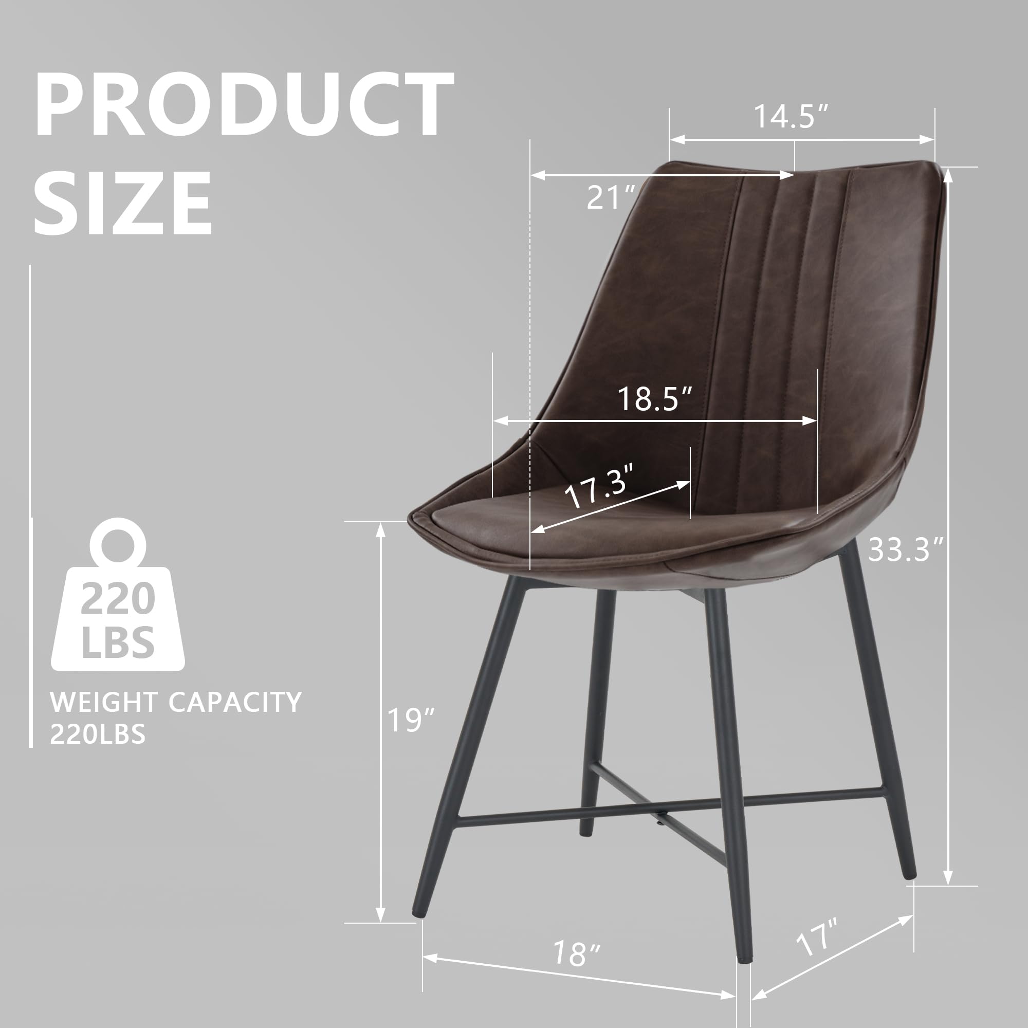 MOJAY Set of 2 Brown Faux Leather Dining Chairs - Modern Armless Upholstered Side Chairs with Sturdy Metal Legs for Dining Room, Kitchen, Bedroom & Vanity - Perfect for Small Spaces, Breakfast Nooks & Home Offices