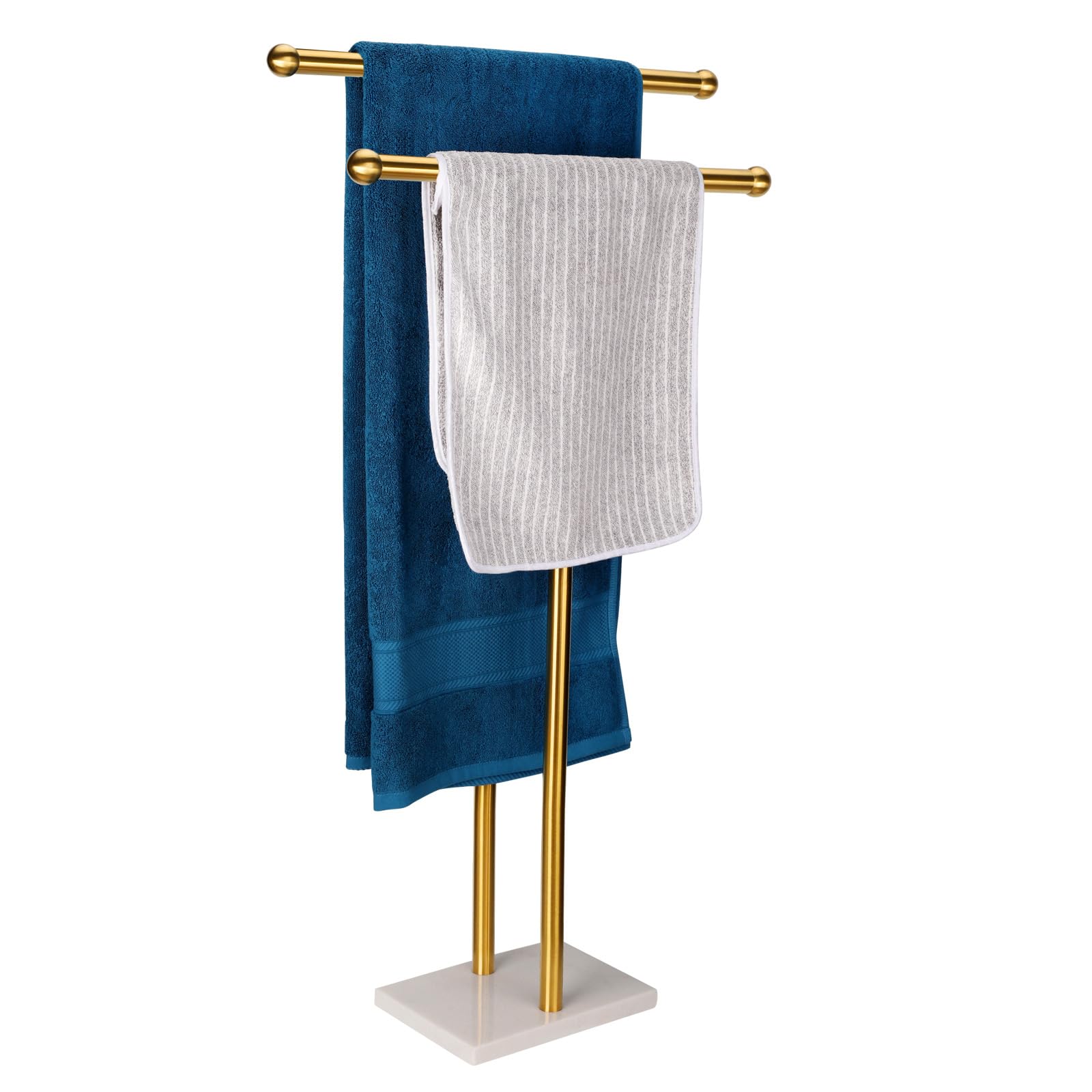 Double-T Shape Tall Standing Towel Rack with Marble Base - 2 Tier Stainless Steel Bathroom Towel Holder (Brushed Gold) | Perfect for Bathrooms, Spas & Luxury Home Decor