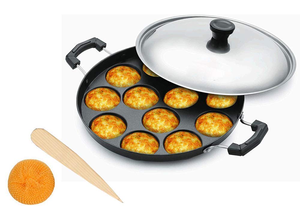 Nonstick Appam Pan - 12 Cavity Paniyaram Pan with Stainless Steel Lid (30cm) - Perfect for Making South Indian Appam, Paniyaram & Breakfast Snacks at Home