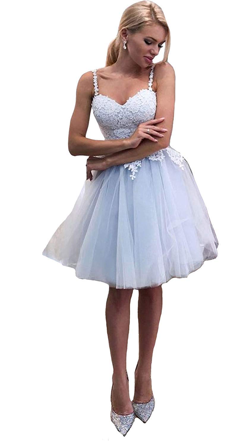 Lemai Women's Lace Spaghetti Strap Tulle Short Dress for Junior Prom, Homecoming, Party, Wedding Guest - Elegant A-Line Cocktail Dress for Teens & Young Adults