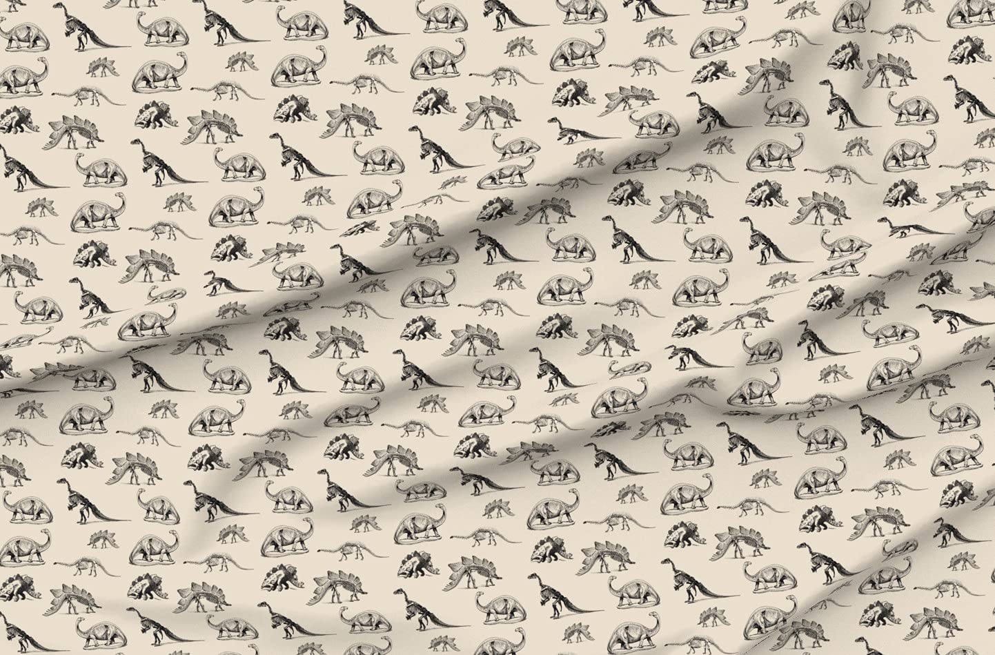 Premium Spoonflower Upholstery Velvet Fabric by The Yard - Black & Cream Animal Skeletons & Dino Stegosaurus Print for Nursery Decor, Home Upholstery, and Apparel | Perfect for DIY Projects, Kids' Rooms, and Fashion Design