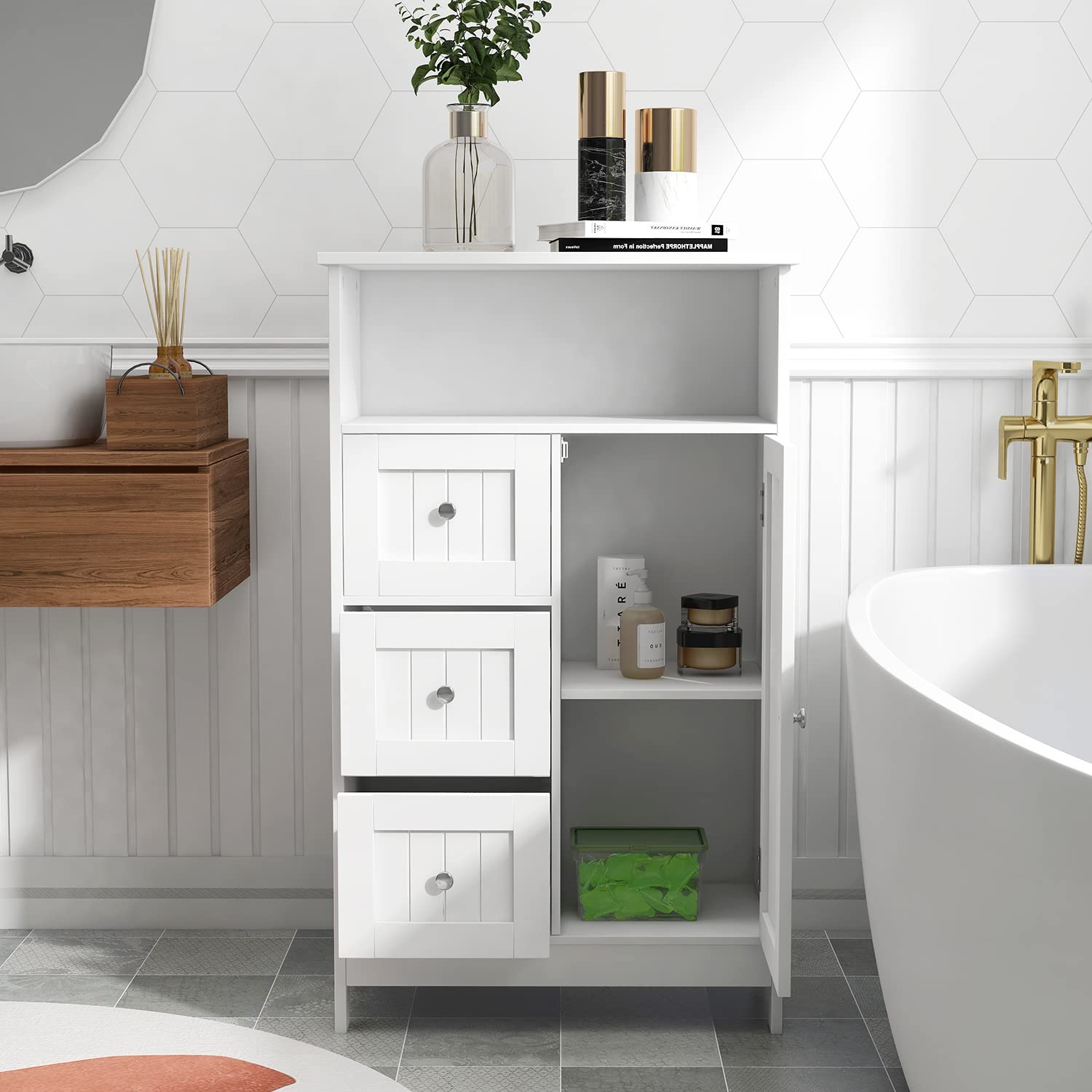 White Bathroom Standing Storage Cabinet with 3 Drawers & 1 Door - Space-Saving Organizer for Towels, Toiletries & Cleaning Supplies - Perfect for Small Bathrooms, Laundry Rooms & Closets