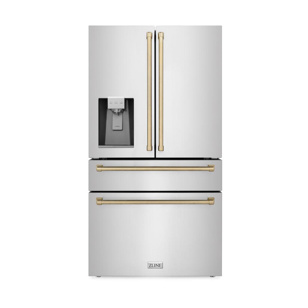 ZLINE Autograph Edition 36-Inch Counter Depth French Door Refrigerator - 21.6 cu.ft Capacity, Fingerprint Resistant Stainless Steel with Champagne Bronze Handles, Built-In Water and Ice Dispenser (RFMZ W 36 CB) - Perfect for Modern Kitchens, Open-Concept Homes, and Gourmet Cooking Spaces