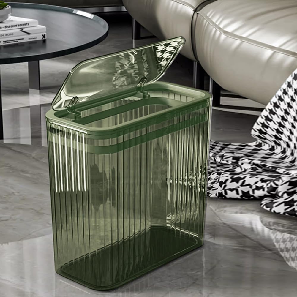 Clear Plastic Trash Can with Press-Top Lid - 3.5 Gallon (15L) Slim Waste Basket for Bathroom, Bedroom, Office & Kitchen - Eco-Friendly Green Garbage Bin for Home Use - Perfect for Small Spaces & Odor Control