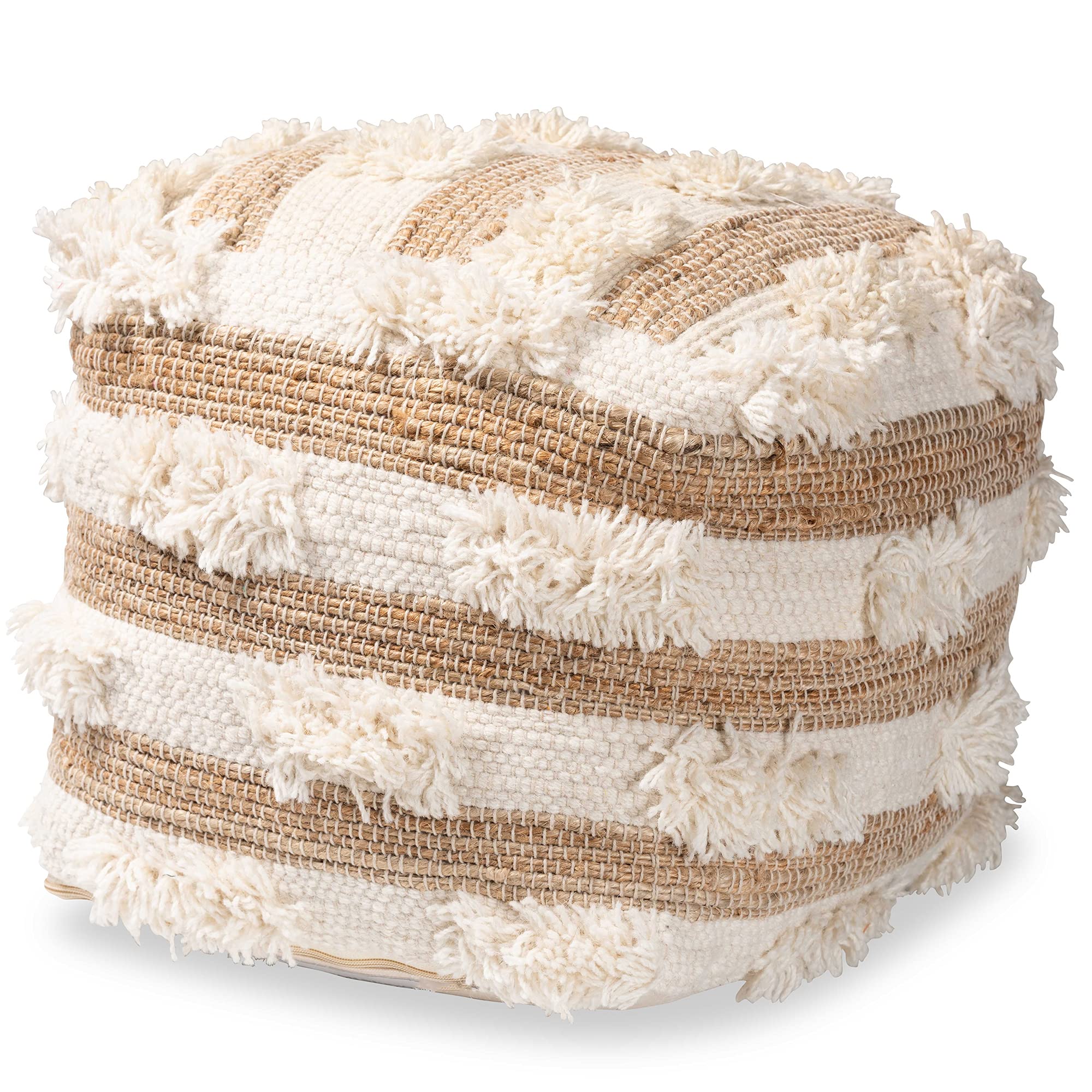 Baxton Studio Basque Modern Moroccan Inspired Handwoven Wool Blend Pouf Ottoman - Natural & Ivory - Perfect for Living Room, Bedroom, or Office Decor
