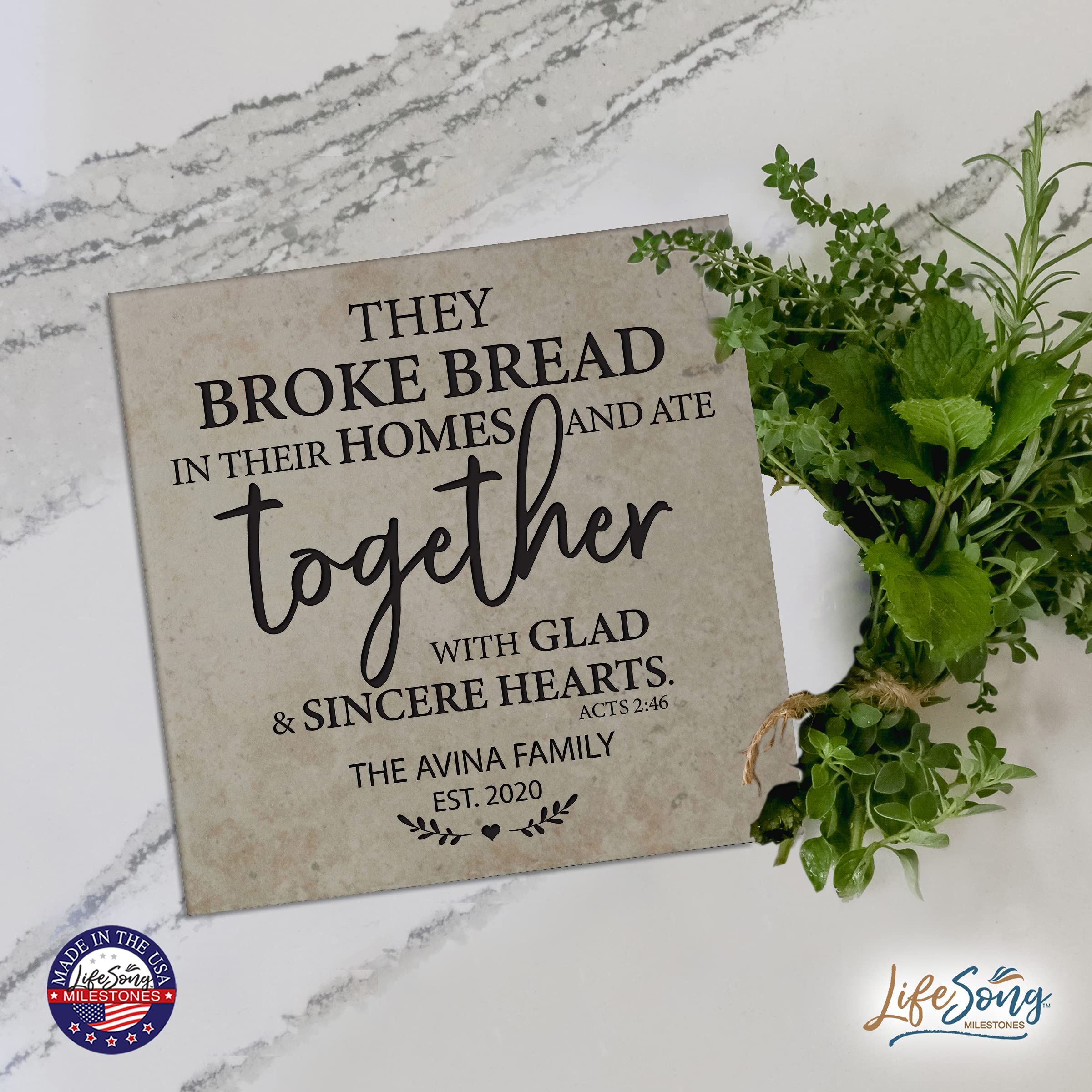 LifeSong Milestones Personalized Ceramic Trivets - Heat Resistant Kitchen Decor Accessories for Table Insulation - 5.75x5.75 Inch Home & Office Gift (They Broke Bread Design) - Perfect for Dining Tables, Coffee Bars & Holiday Gatherings
