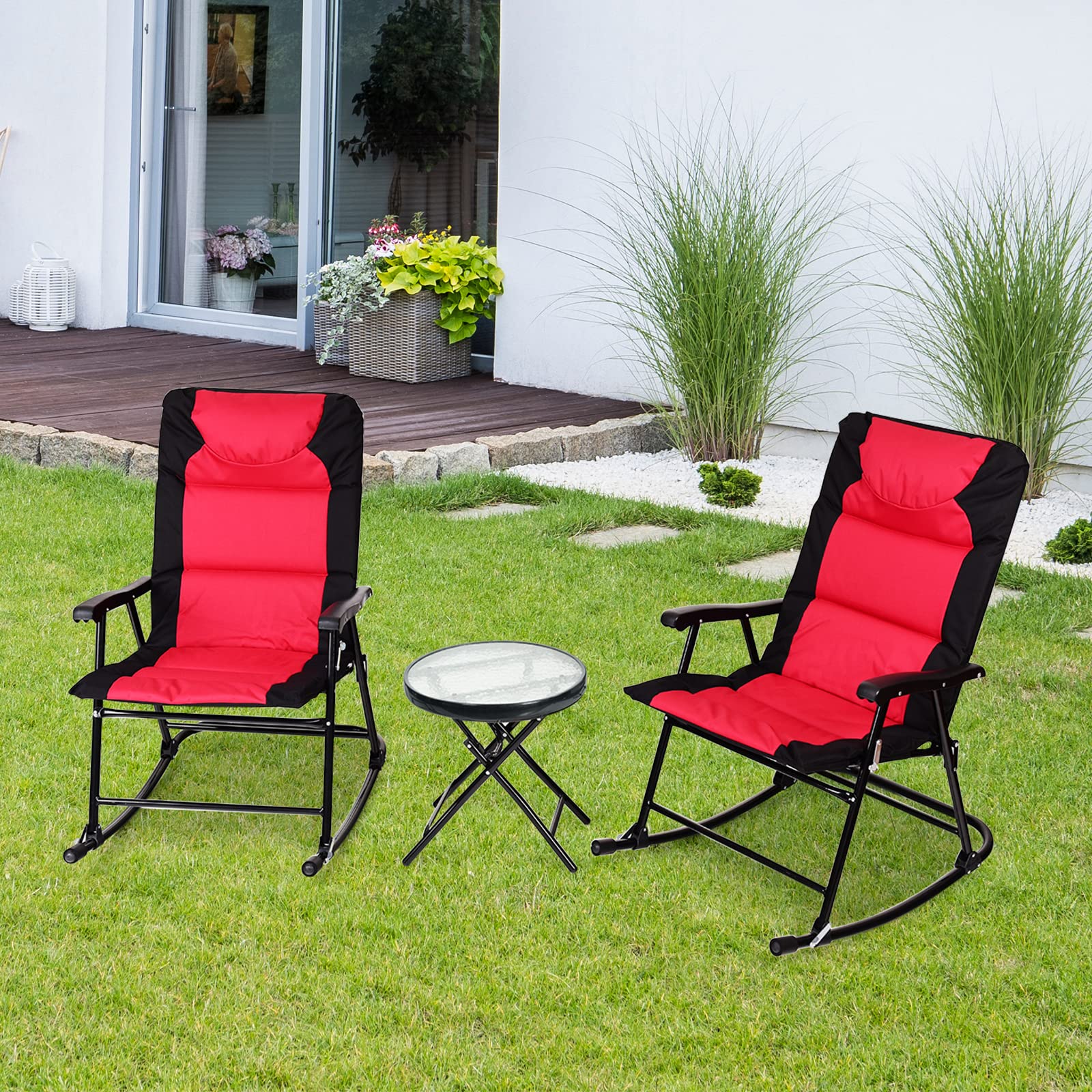 Tangkula 3-Piece Folding Bistro Set with Rocking Chairs & Round Table - Outdoor Patio Furniture for Backyard, Garden, Poolside, Porch - Red - Perfect for Relaxing, Entertaining & Small Space Living