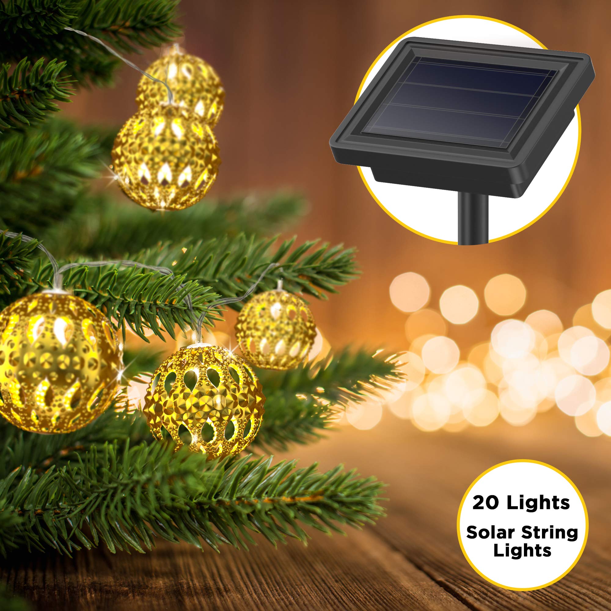 Gideon 20 LED Solar Powered Hollow Metal Ball Fairy Lights - Waterproof Holiday & Christmas String Lights for Indoor Outdoor Decor, Garden, Patio, Wedding, Party