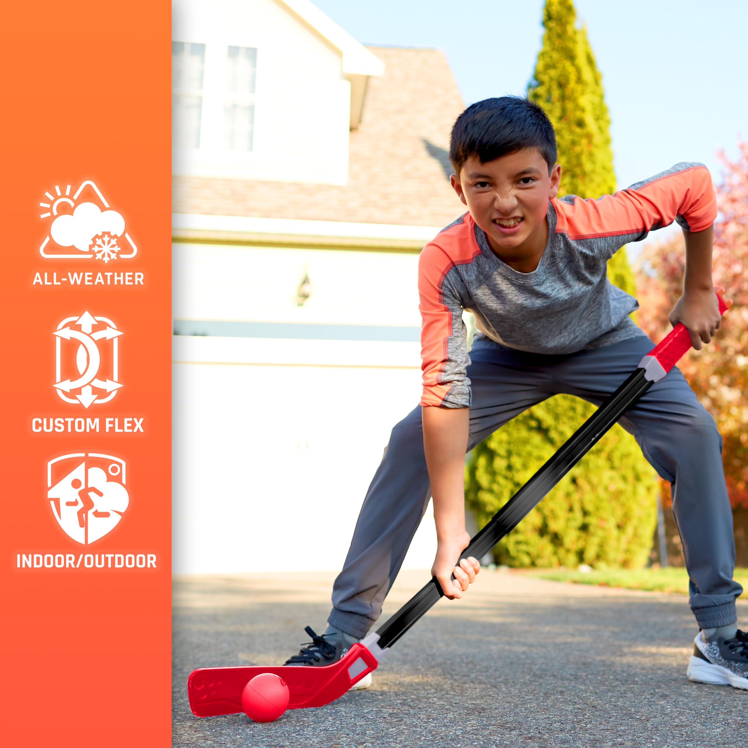 NERF Flexplay Kids Hockey Stick and Ball Set - Adjustable Height Street Hockey Stick for Indoor & Outdoor Play - Includes 2 NERF Balls - Perfect for Backyard Games, Driveway Hockey, and Gym Class Activities