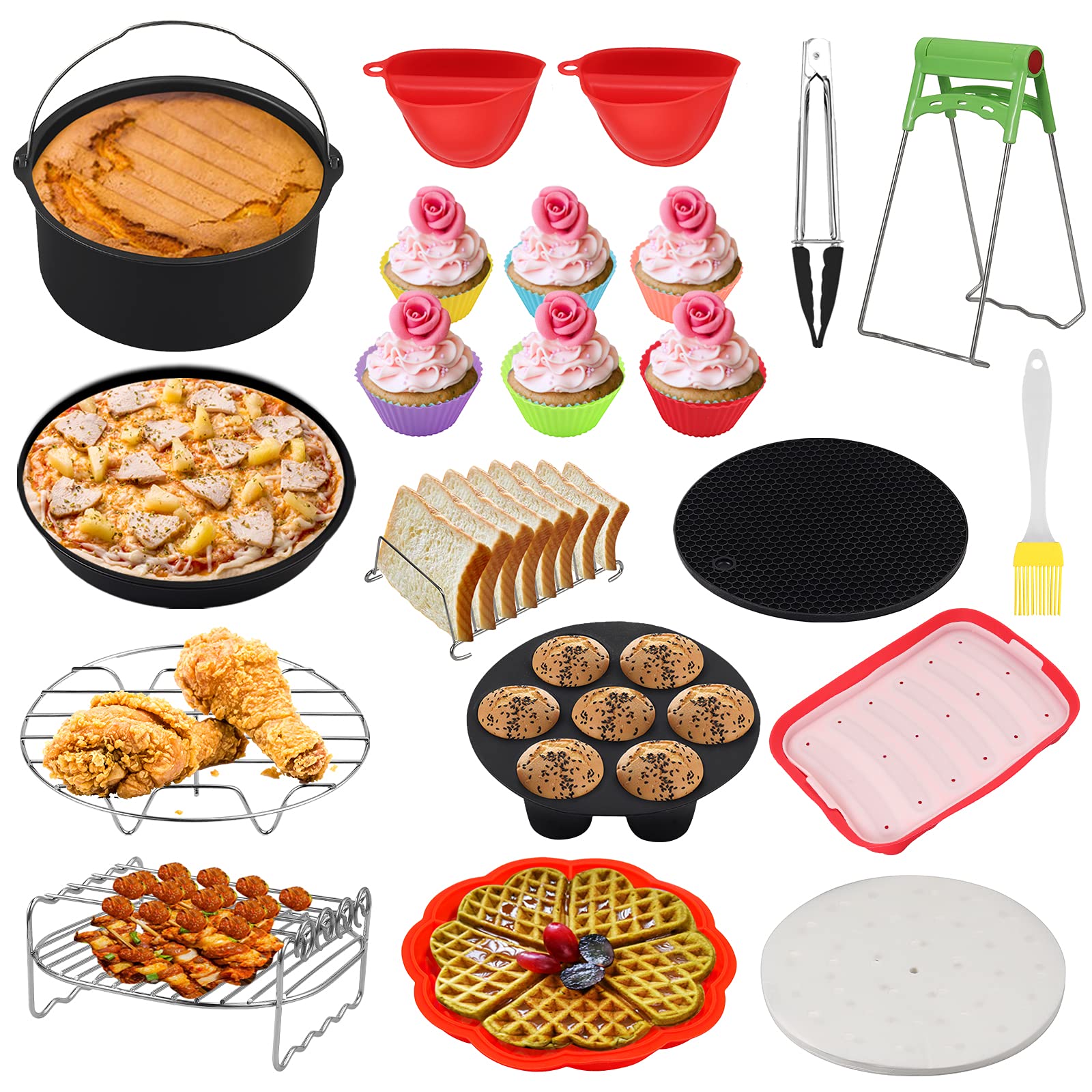 HOMGEN 16-Piece Air Fryer Accessories Kit - 8 Inch Non-Stick Universal Air Fryer Basket Liners & Accessories for 4.5QT-6.8QT Air Fryers - Perfect for Roasting, Baking & Frying Healthy Meals