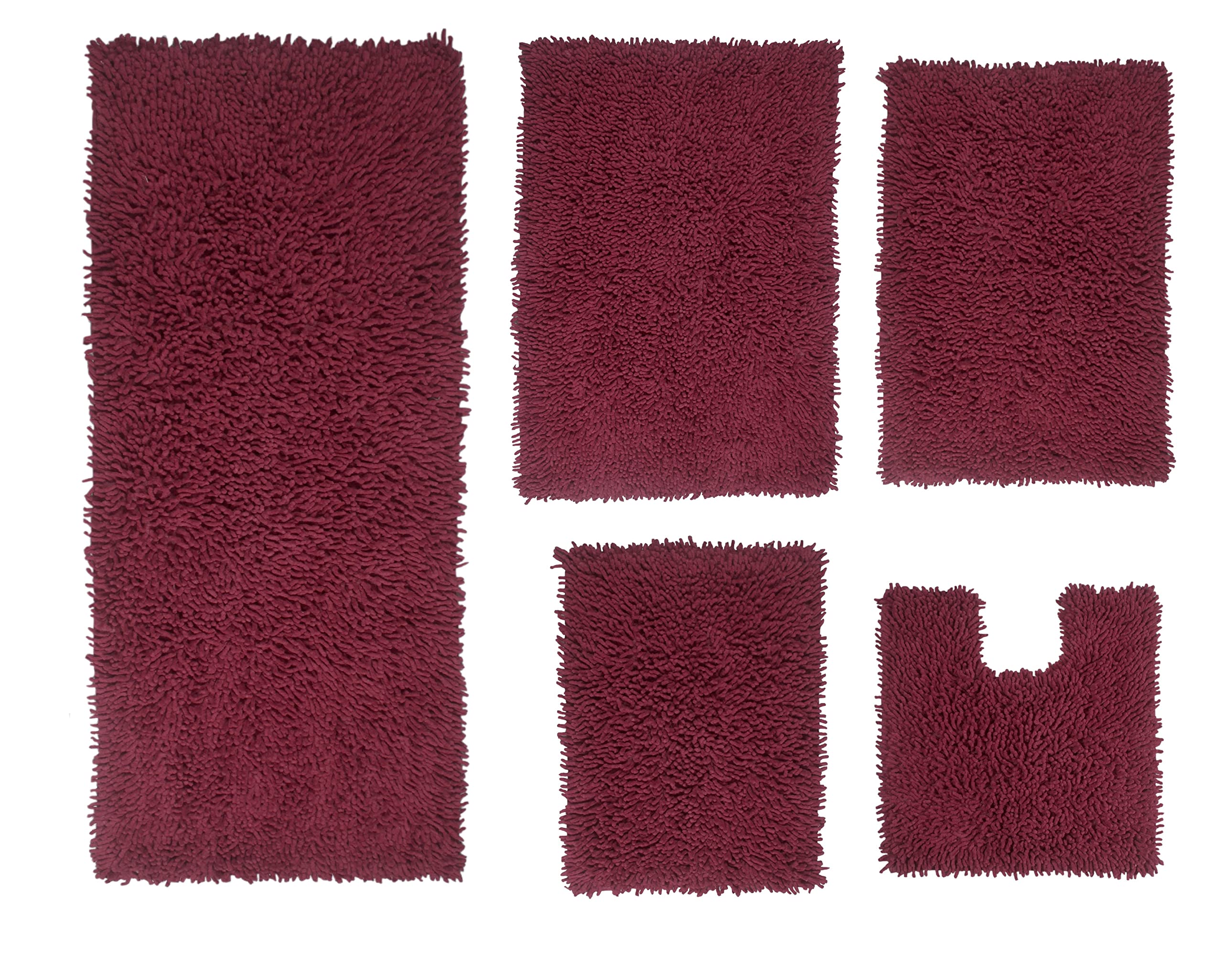 Home Weavers Fantasia 100% Cotton Bath Rug Set - Ultra Soft & Absorbent Non-Slip Bathroom Mats, Washable 5-Piece Set with Contour (Red) - Perfect for Bathroom, Kitchen & High-Traffic Areas