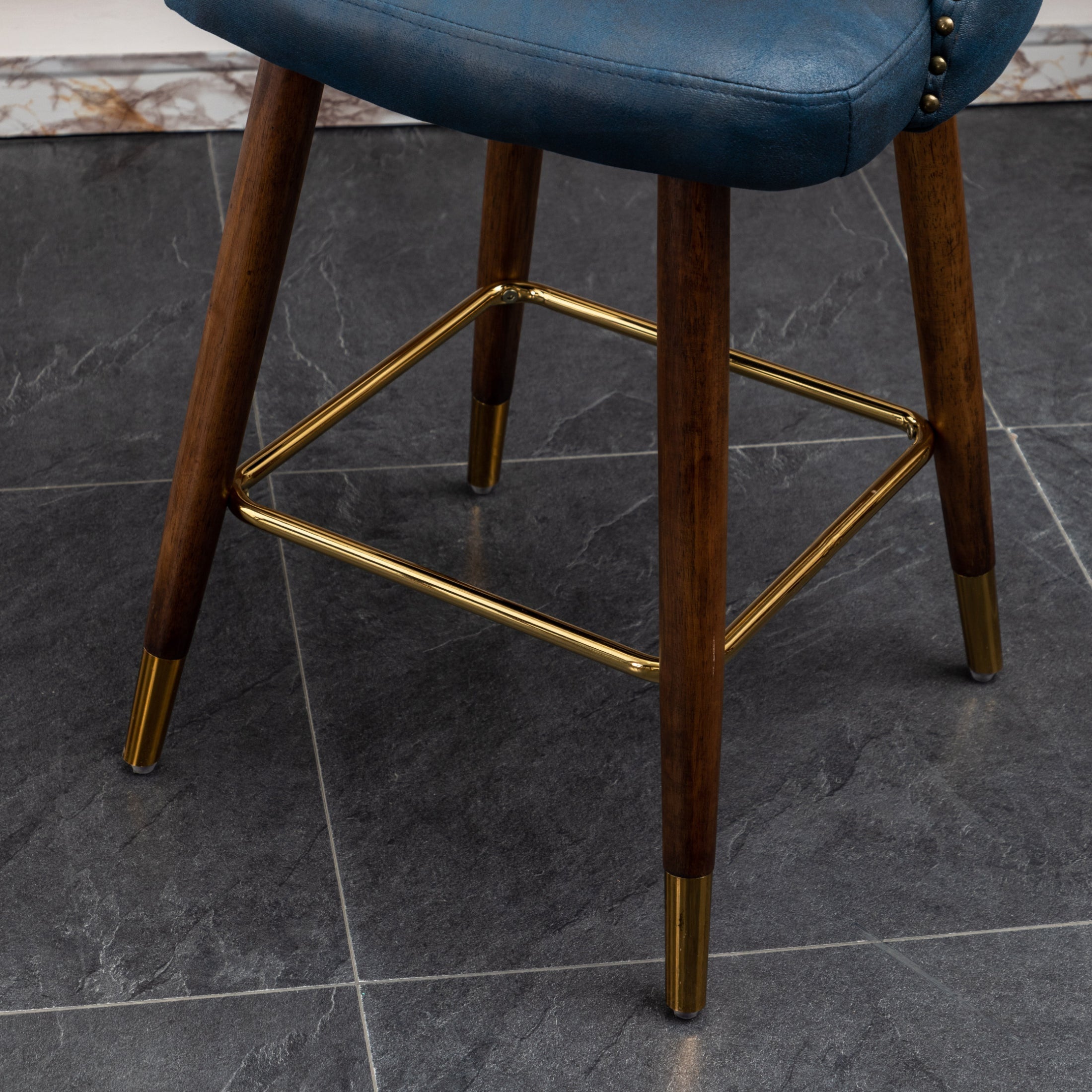 Roundhill Furniture Nevis Mid-Century Modern Faux Leather Tufted Counter Stool with Nailhead Trim - Set of 2, Blue - Perfect for Kitchen Islands, Breakfast Bars & Home Decor