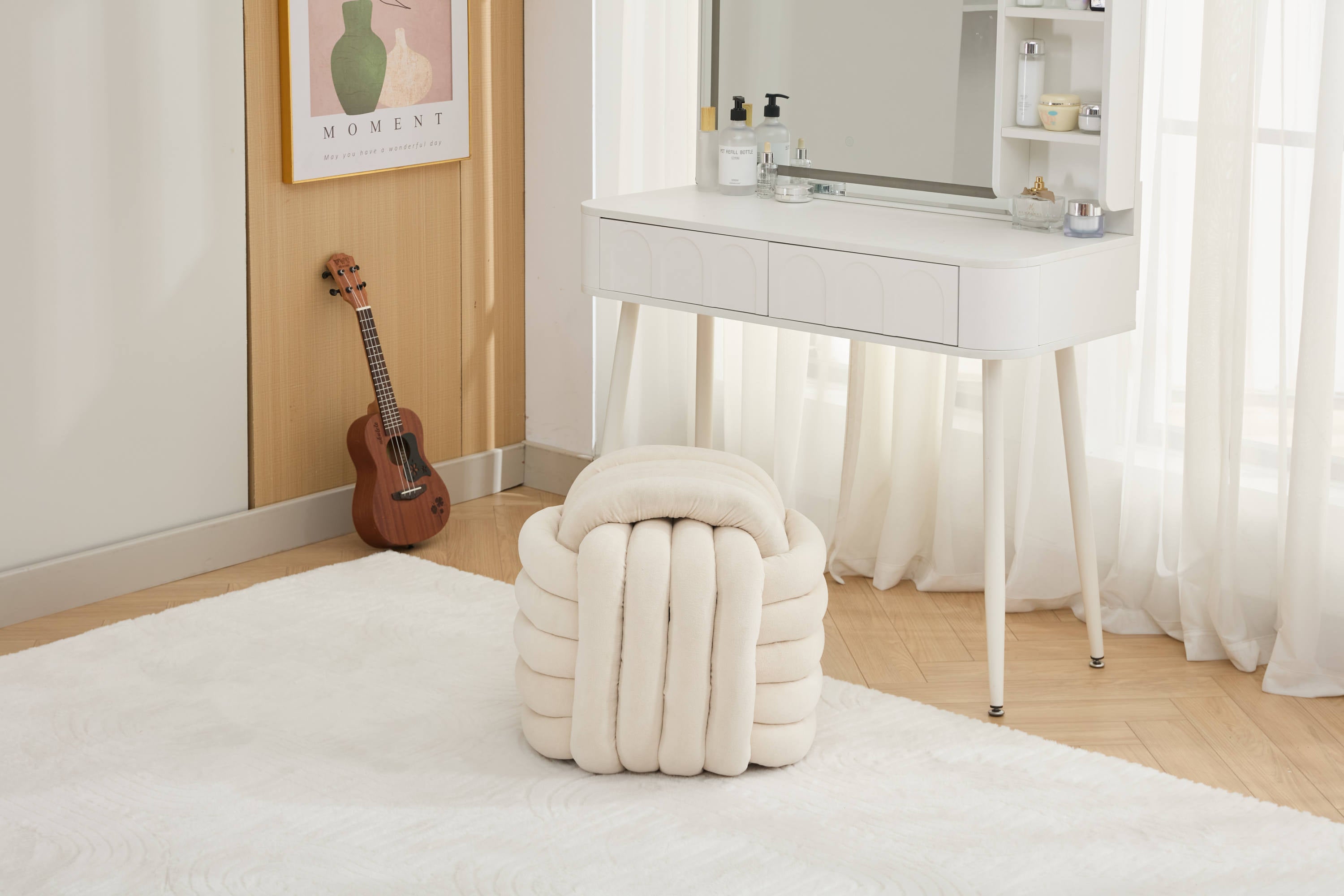 Modern Knot Design Chenille Fabric Ottoman Footstool - Comfortable & Stylish Makeup Stool for Living Room, Bedroom - Beige Home Decor Accent | Perfect for Lounging, Reading Nook & Vanity Seating