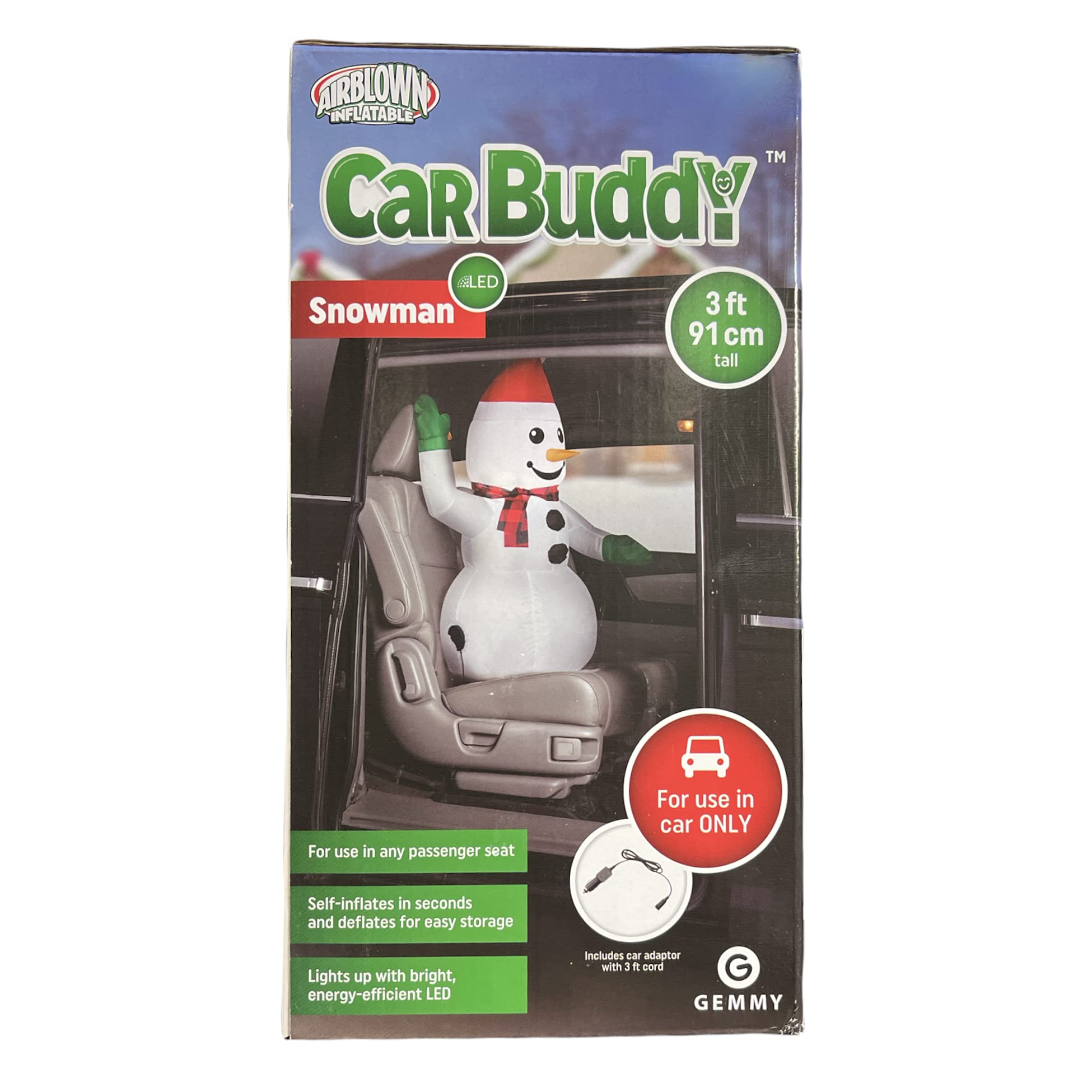 Gemmy Car Buddy Inflatable Snowman - Christmas Car Airblown Decoration for Vehicles | Fun Holiday Car Accessory for Road Trips & Festive Commutes