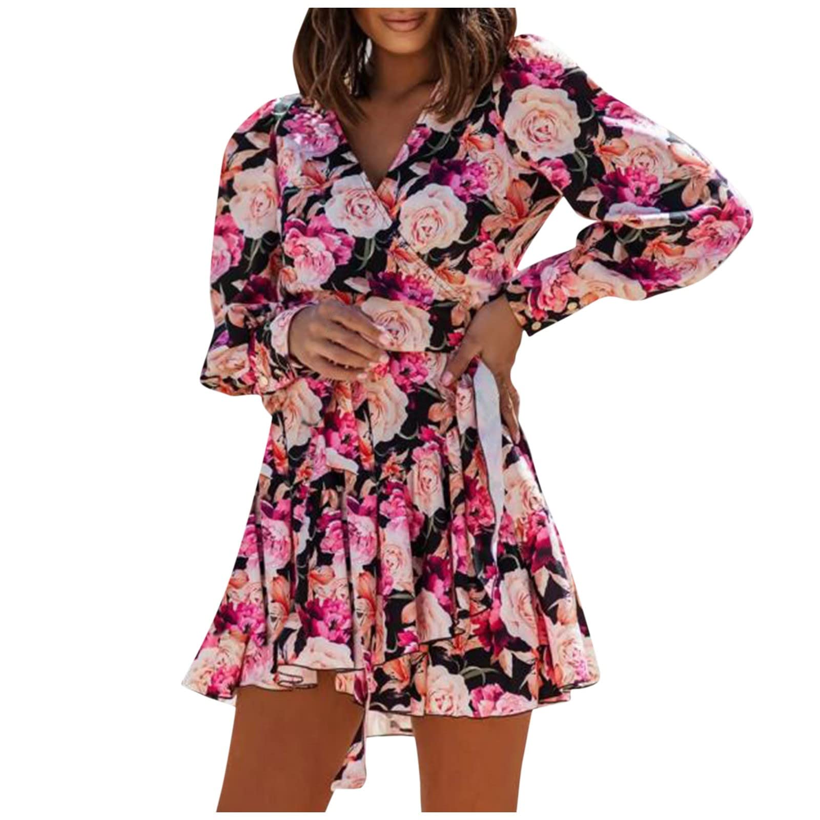 LEXUPA Women's Summer Casual Long Sleeve Printed Waist Shirt Dress - Floral Vacation Short Dress for Beach, Party & Holiday Outfits