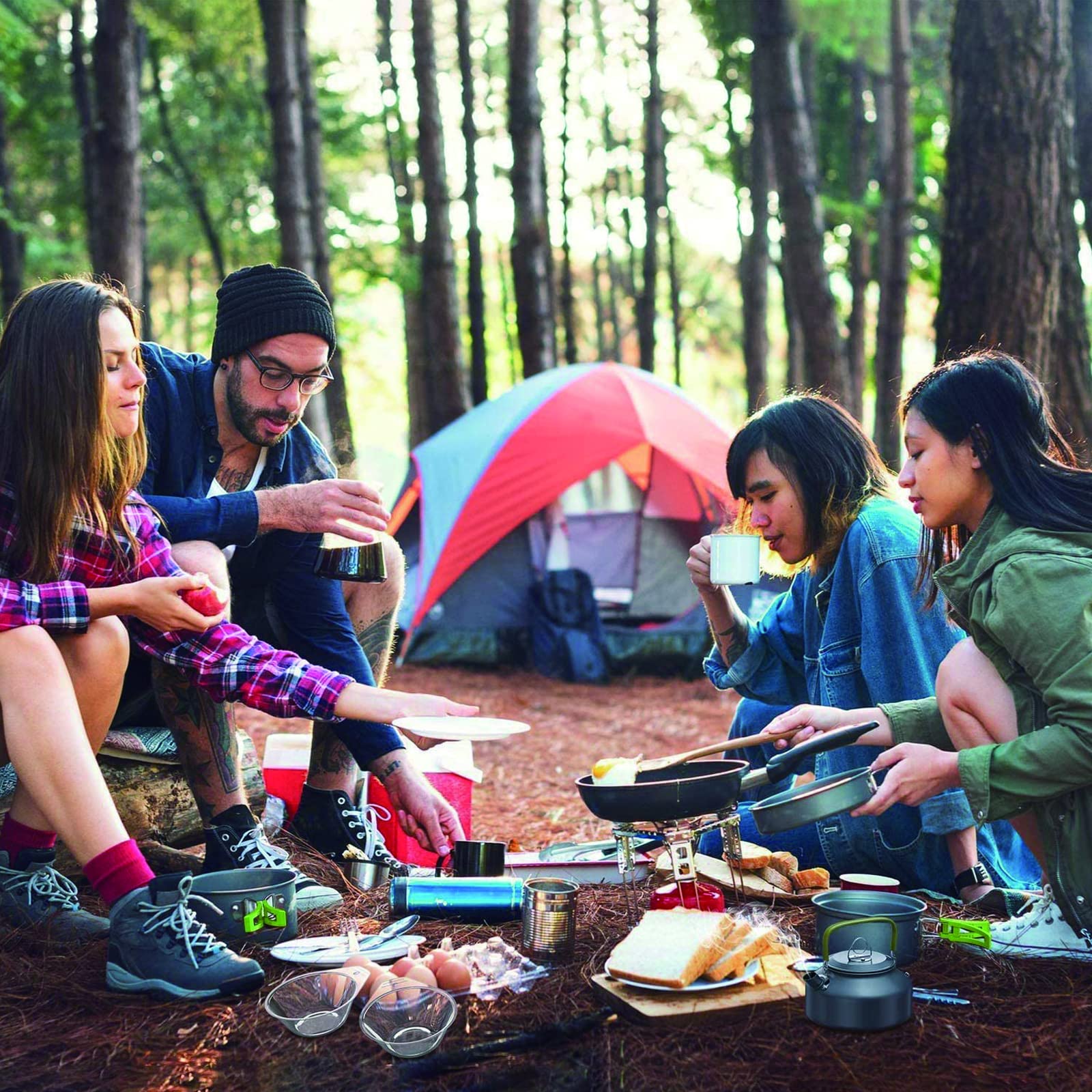Portable Stainless Steel Camping Cookware Set with Kettle for 3-4 People - Outdoor Cooking Kit for Camping, Hiking, Picnics & Backpacking | Durable & Lightweight for Easy Outdoor Meals