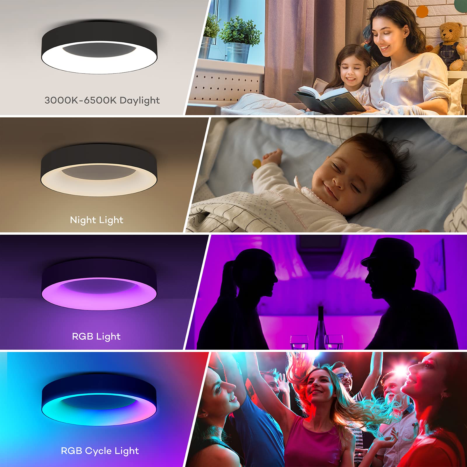 11 Inch 24W RGB LED Flush Mount Ceiling Light with Remote Control - 3000K-6500K Adjustable Color Temperature - Modern Black Ceiling Fixture for Bedroom, Kids Room, Living Room & Kitchen Lighting