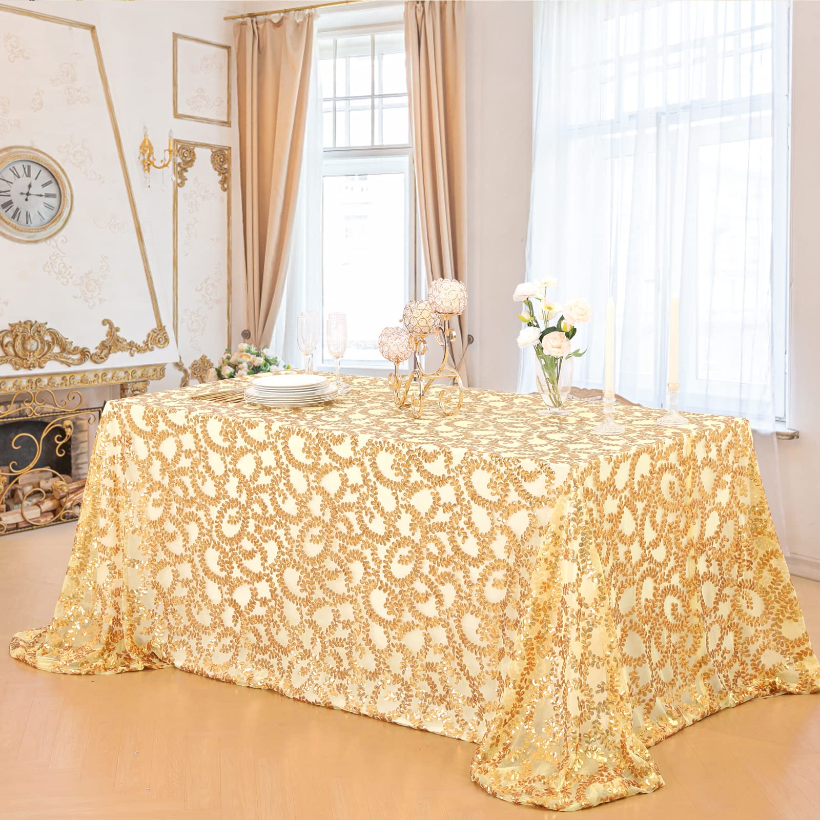 B-COOL Gold Glitter Sequin Tablecloth 90x156 Inch - Elegant Rectangular Table Cover for Weddings, Baby Showers, Birthdays, Banquets & Holiday Decorations - Perfect for Cake Tables, Party Decor & Special Events