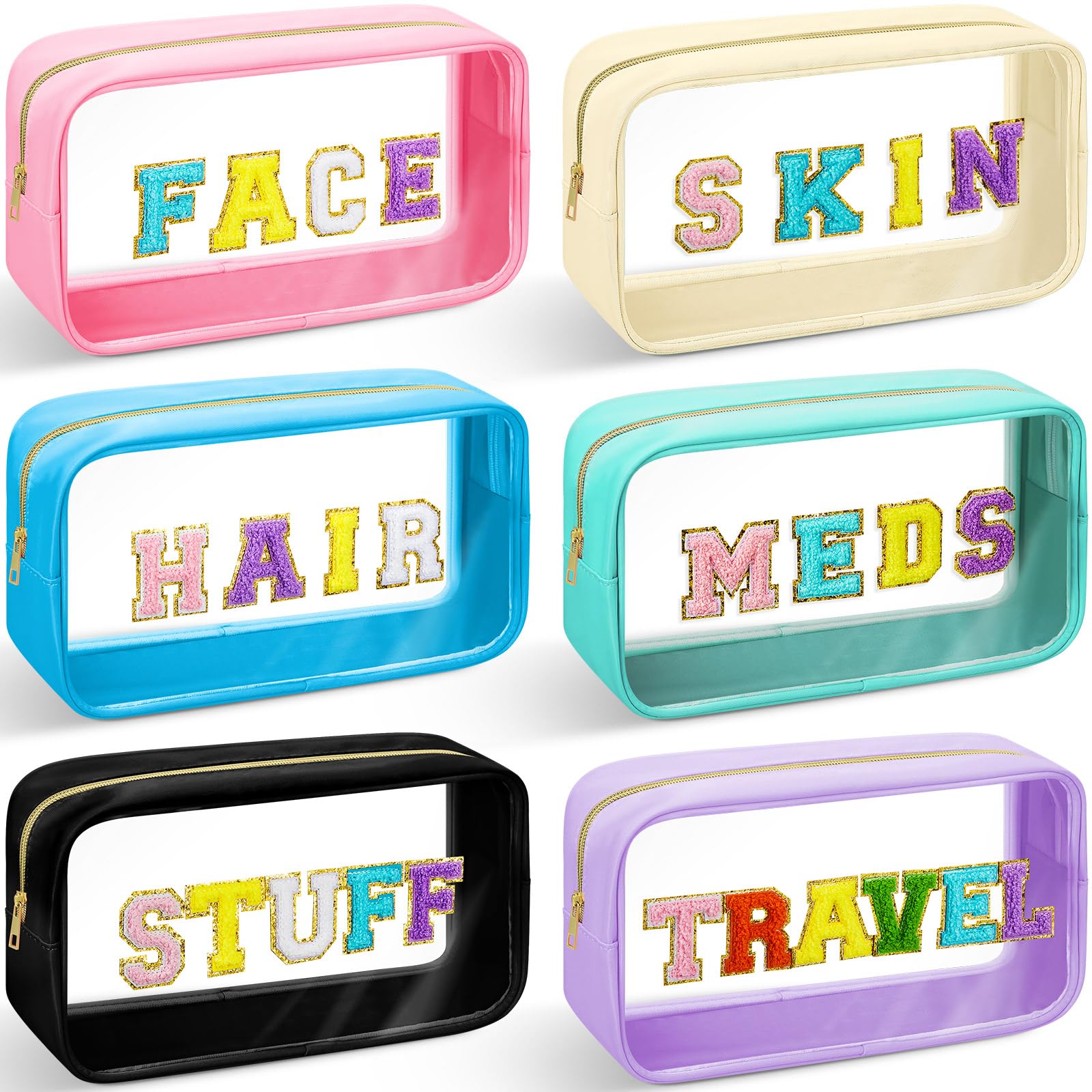 6 Pack Large Chenille Letter Cosmetic Bags - Preppy Patch PVC Nylon Makeup Pouch with Zipper | Glitter Clear Travel Toiletry Storage for Women | Perfect for Gym, Vacation & Daily Organizer