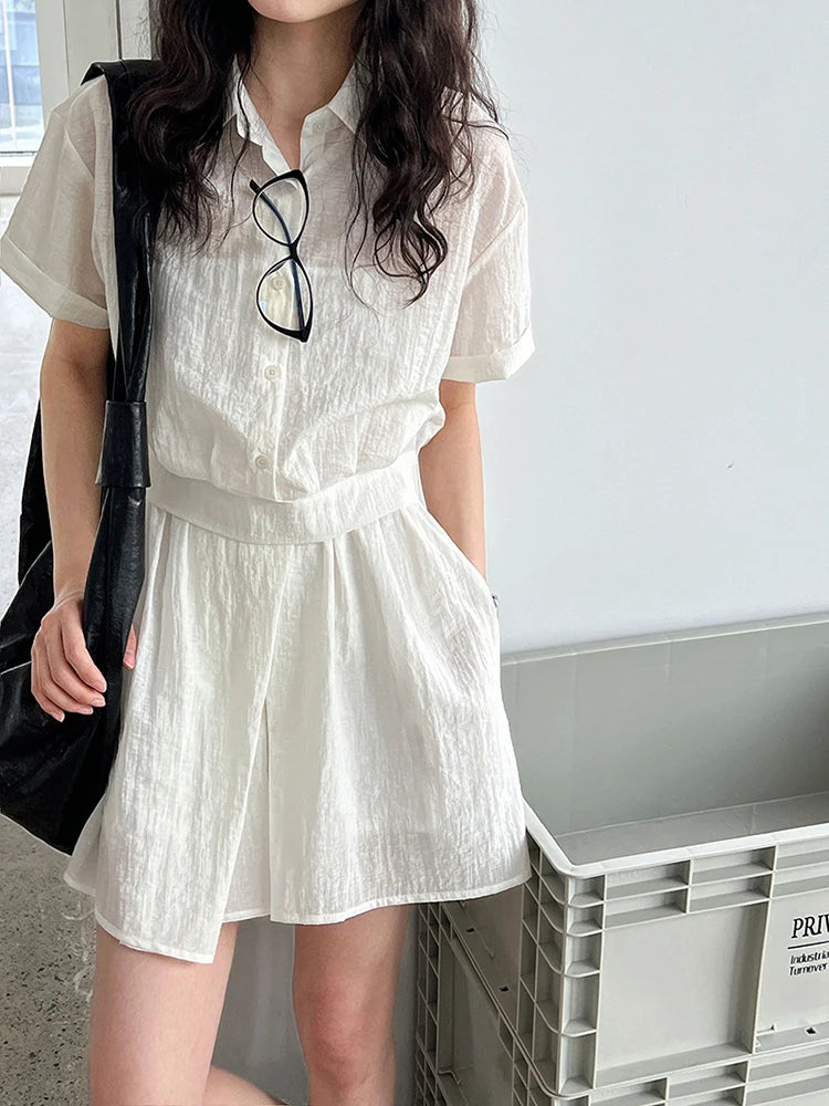 Beige Women's Two-Piece Suit Set - Thin Half Body Skirt & Lapel Short Sleeve Shirt | Spring Summer 2025 Fashion Trend | Office Wear, Casual Outfits, Party Dresses (Style 1DJ1239)