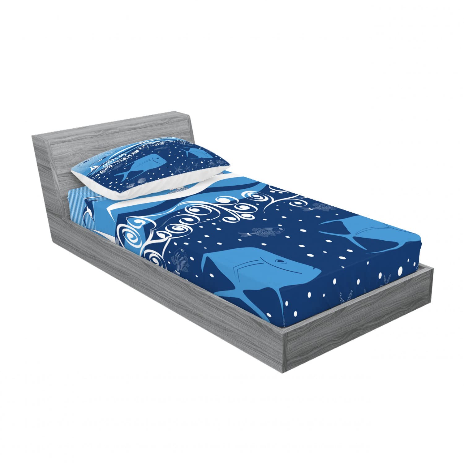 Ambesonne Nautical 2-Pack Twin Fitted Sheets & Pillow Sham Set - Underwater Life Sailboat Design, Blue & White Ocean Theme 4-Piece Bedding Set for Kids & Teens - Perfect for Beach House, Dorm Room or Coastal Decor