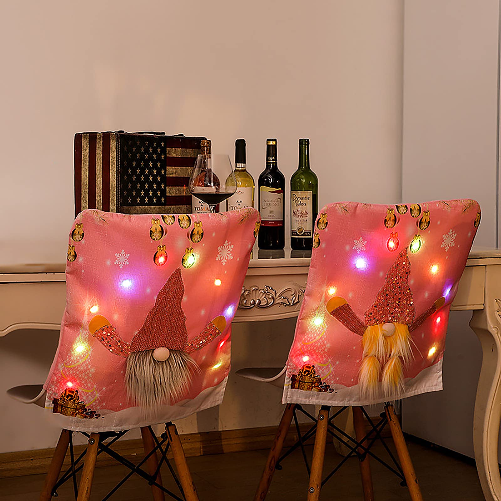 2 Pack Pink Gnome Christmas Chair Covers with LED Lights - Festive Dining Room Chair Slipcovers for Xmas Home Party Decorations | Perfect for Holiday Gatherings, Christmas Dinners & Winter Home Decor