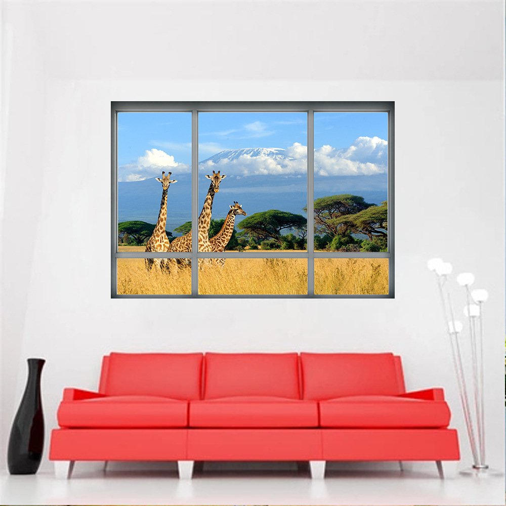 DNVEN 28x20 Inch 3D Fake Window Decal - Realistic Giraffe Animal Wall Sticker for Bedroom, Living Room & Playroom Decor | High Definition Vinyl Mural | Easy Peel & Stick Wall Art for Kids Room & Nursery