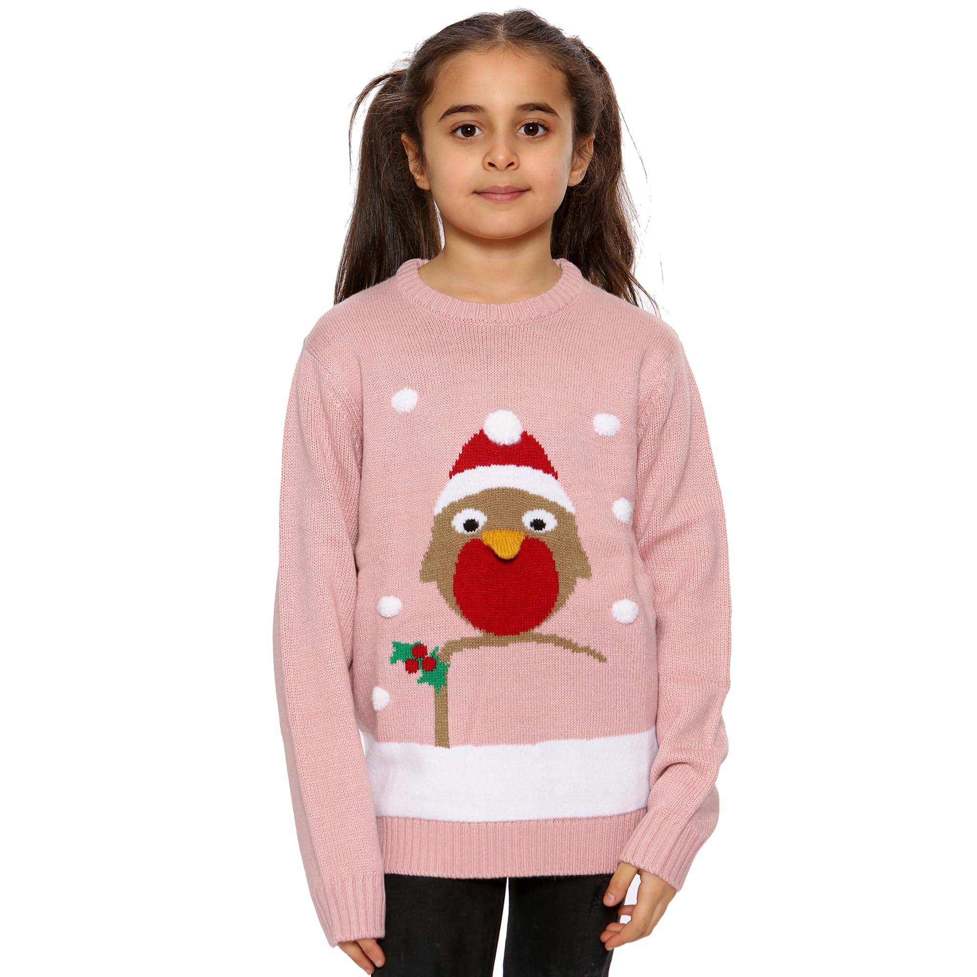 NOROZE Girls Christmas 3D Jumper - Kids Bird & Reindeer Retro Pullover Sweater - Cozy Holiday Outfit for Family Photos & Christmas Parties